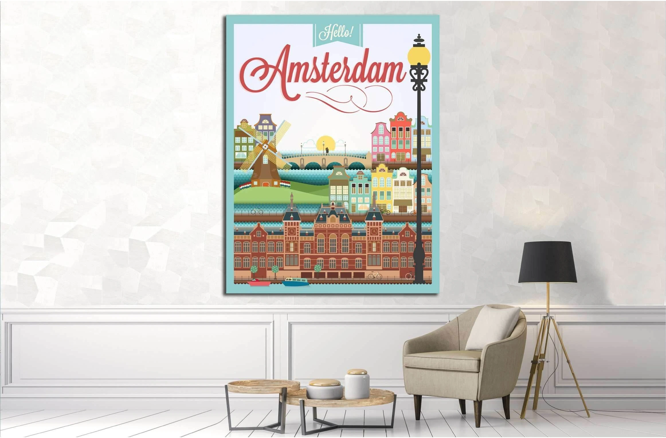 Typographical Retro Style canvas With Amsterdam Symbols And Landmarks №4565 Ready to Hang Canvas Print - Zellart Canvas Prints ALL_Products, s-4565