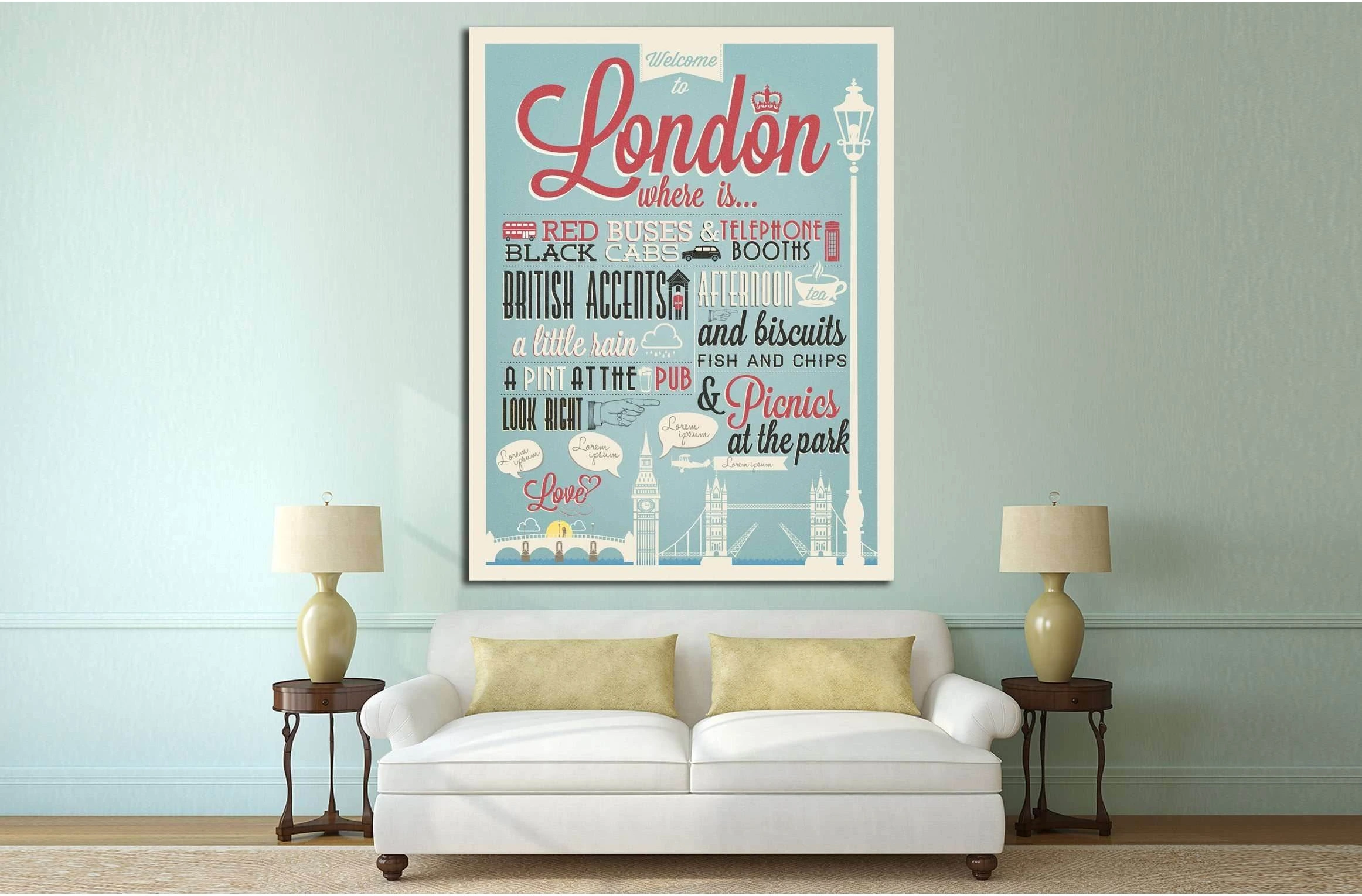 Typographical Retro Style canvas With London Symbols And Landmarks №4568 Ready to Hang Canvas Print - Zellart Canvas Prints ALL_Products, s-4568