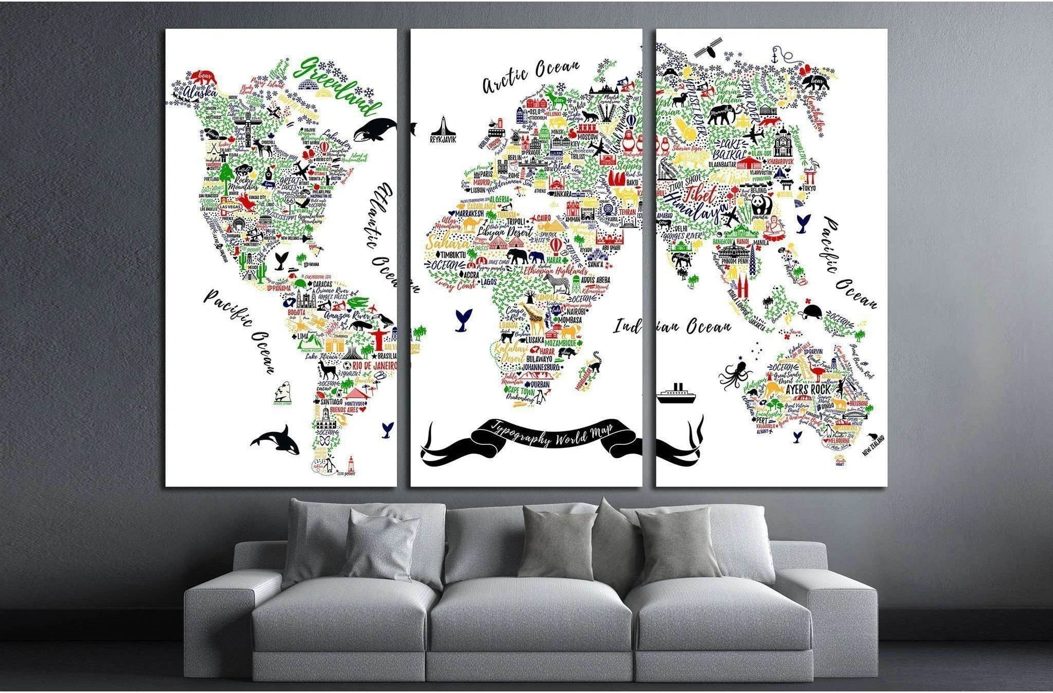 Typography World Map. Travel Poster with cities and sightseeing attractions №1930 Ready to Hang Canvas Print - Zellart Canvas Prints ALL_Products, s-1930