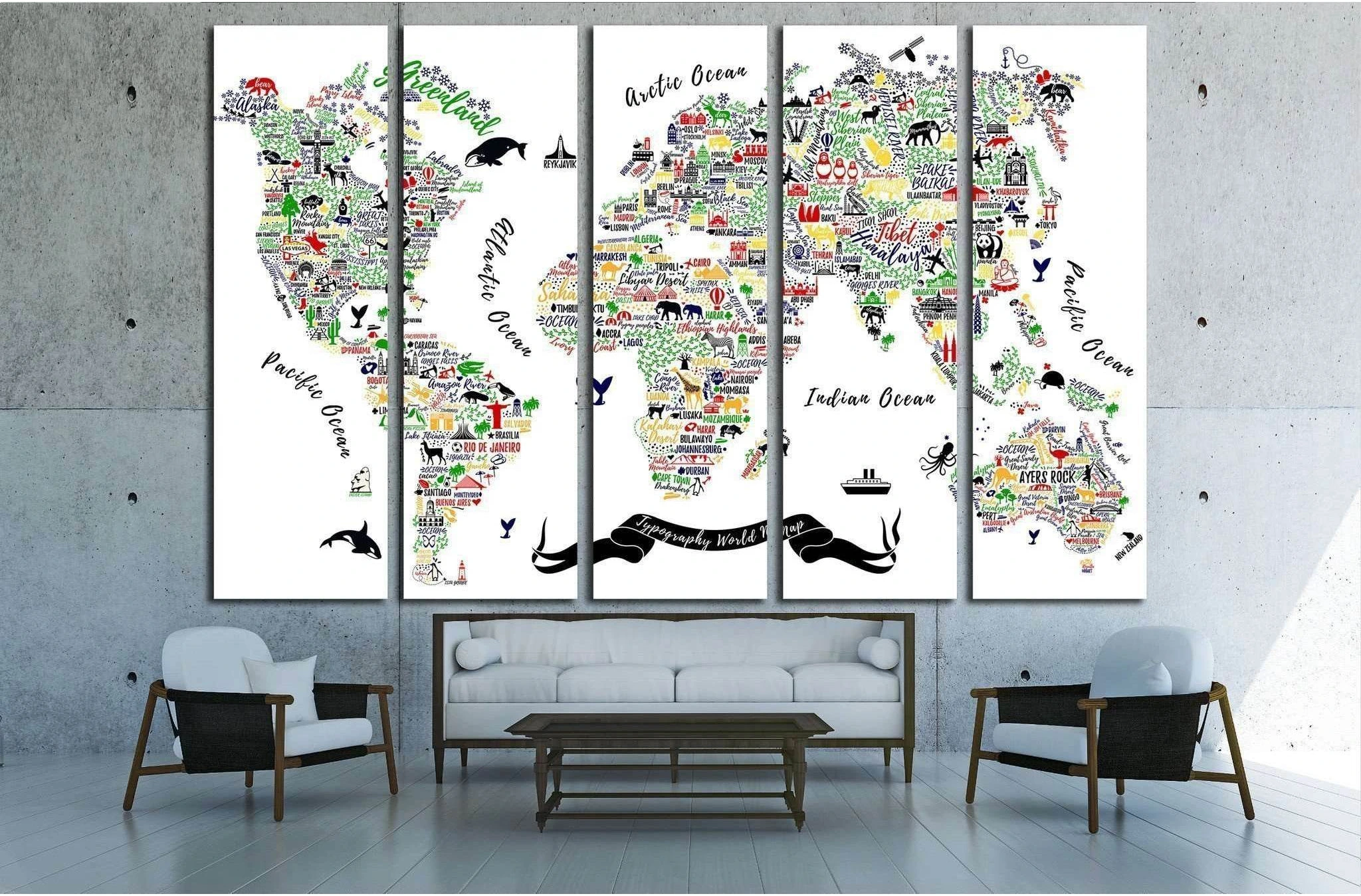 Typography World Map. Travel Poster with cities and sightseeing attractions №1930 Ready to Hang Canvas Print - Zellart Canvas Prints ALL_Products, s-1930