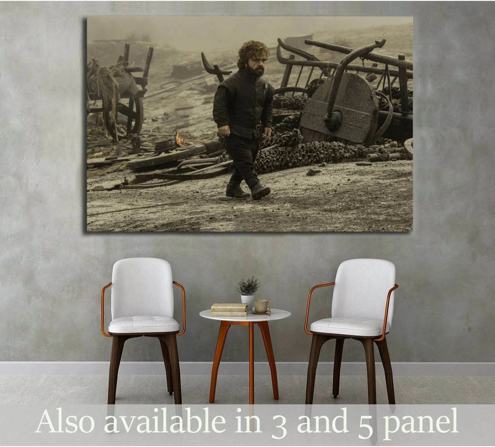 Tyrion Lannister canvas print with sepia medieval ruins and broken wagons, displayed above chairs in a modern room