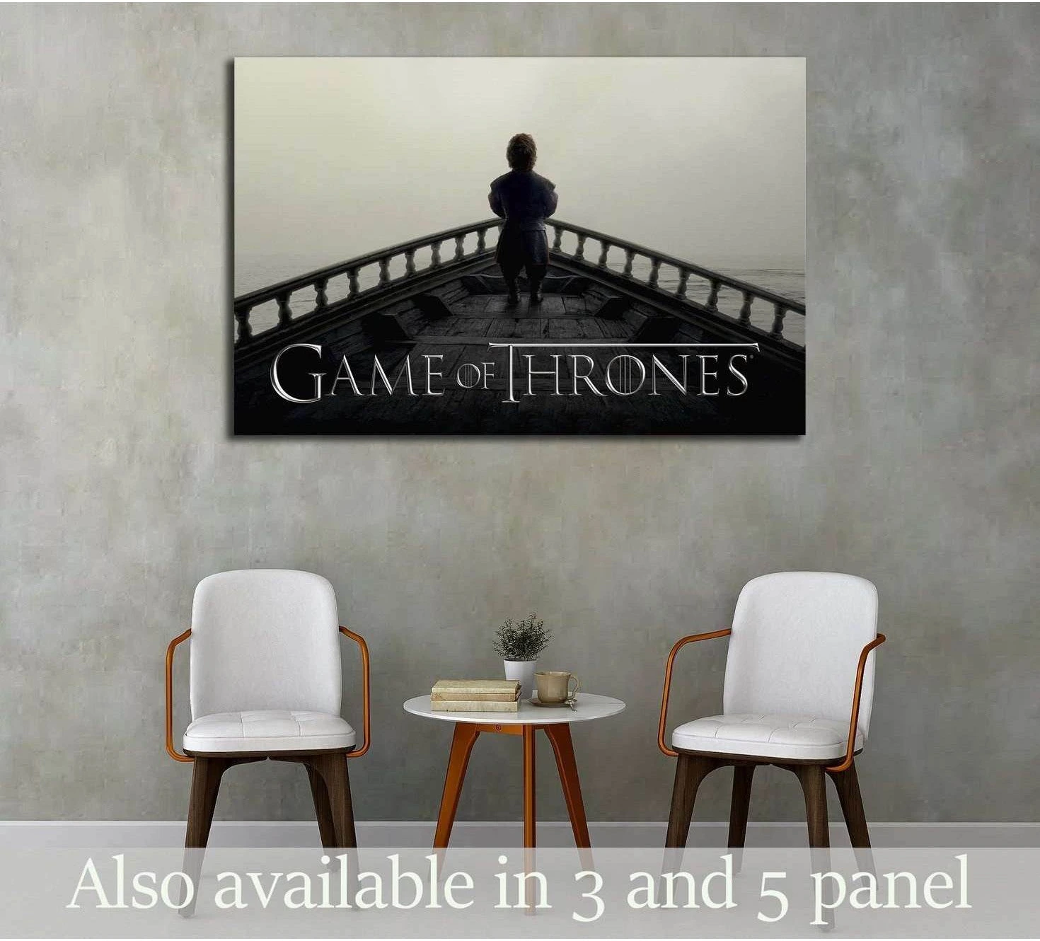 Tyrion Lannister Game of Thrones canvas print hung above chairs in a modern room