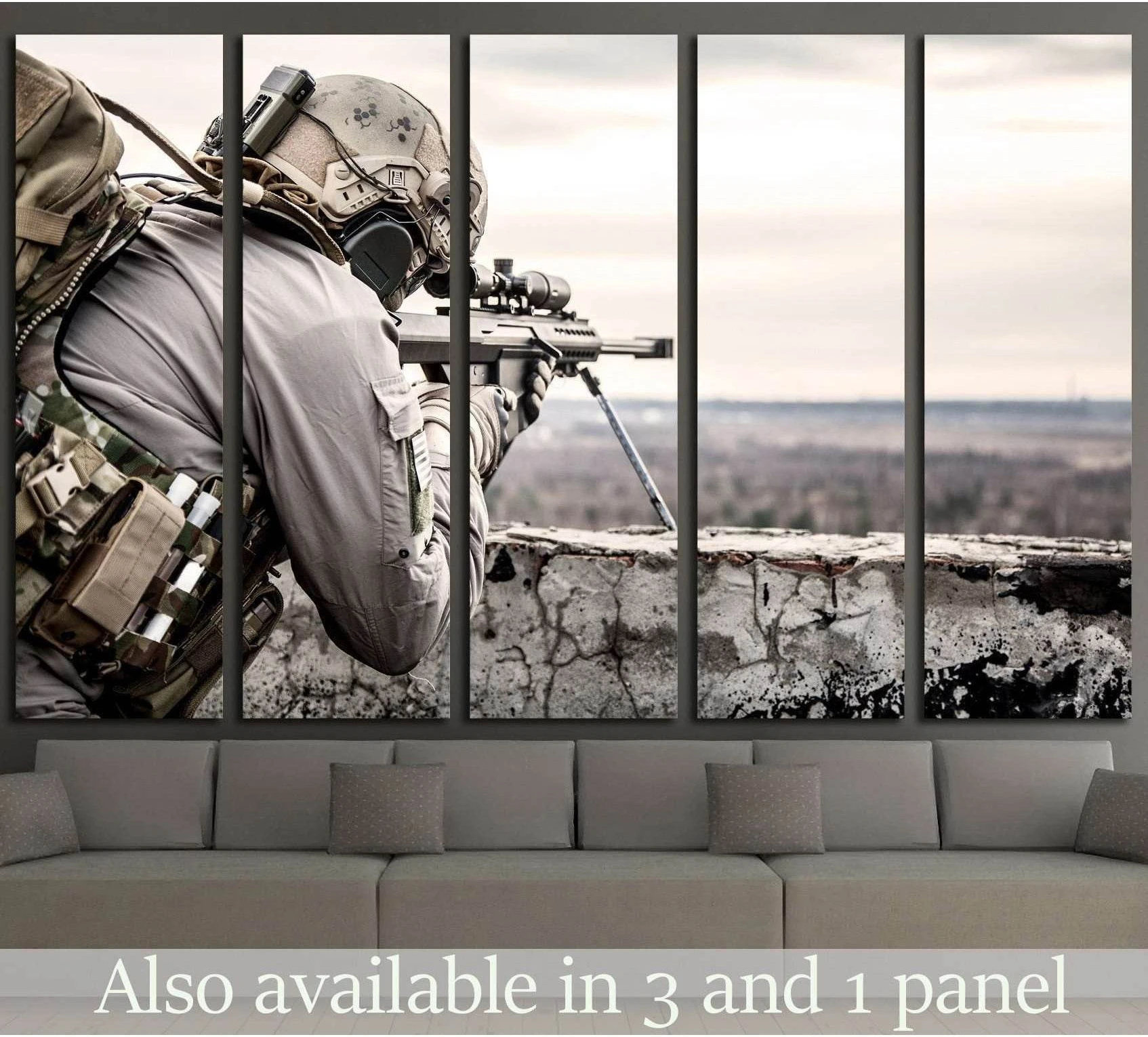 U.S. Army sniper canvas print showing a soldier in tactical gear aiming from a rooftop above a sofa