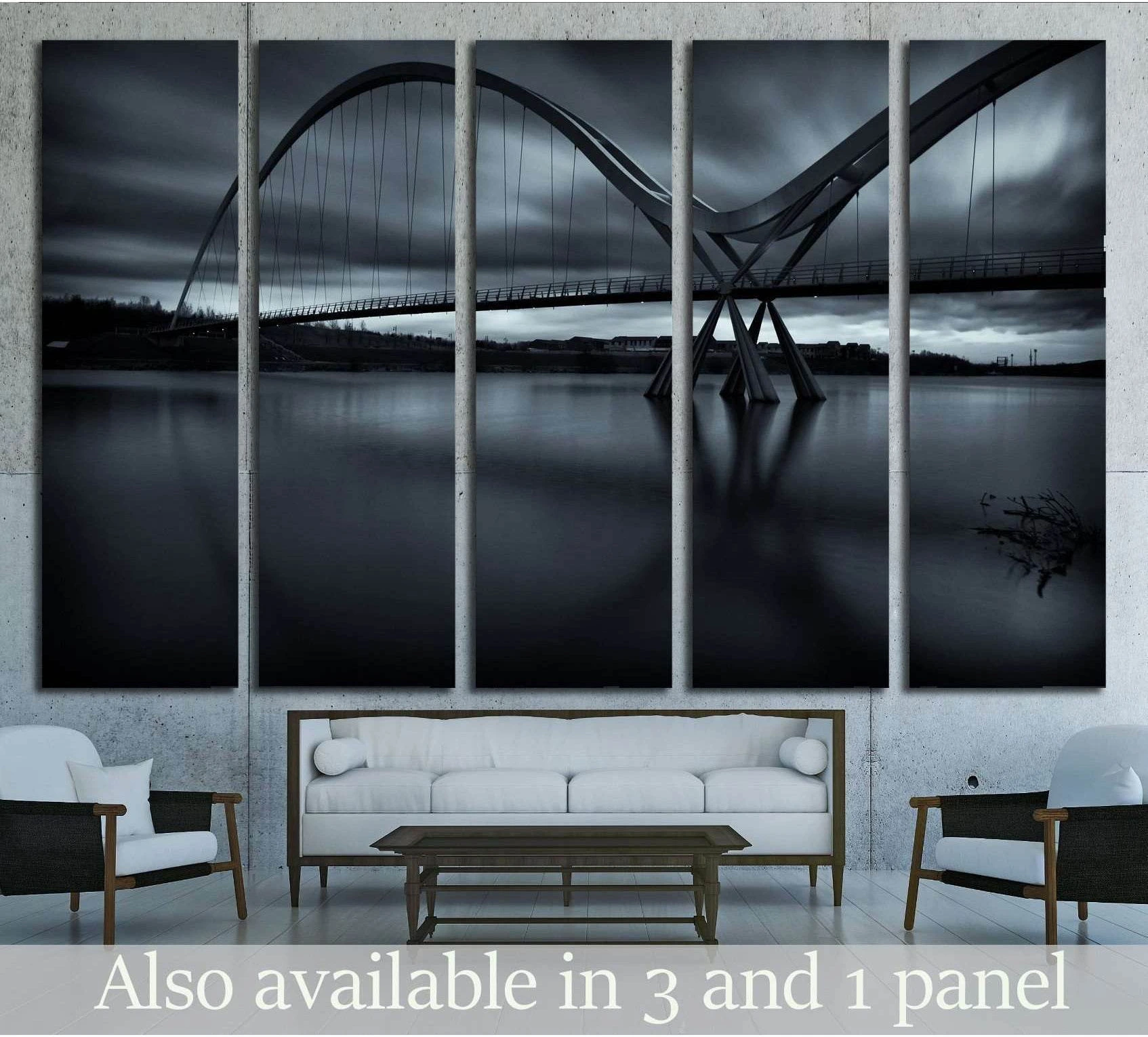 Black and white Infinity Bridge canvas print in a five-panel living room wall display