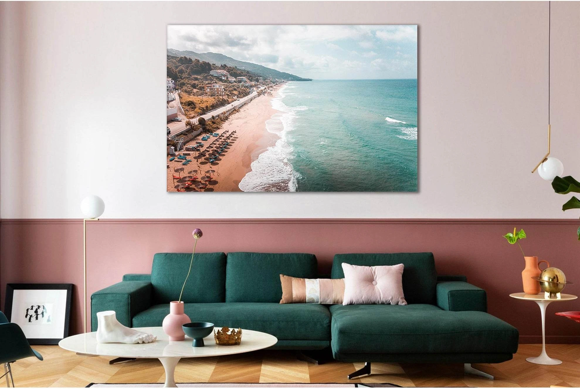 Turquoise Beach Seascape Wall Art with Umbrella Rows showing sea water, shoreline and horizon depth.