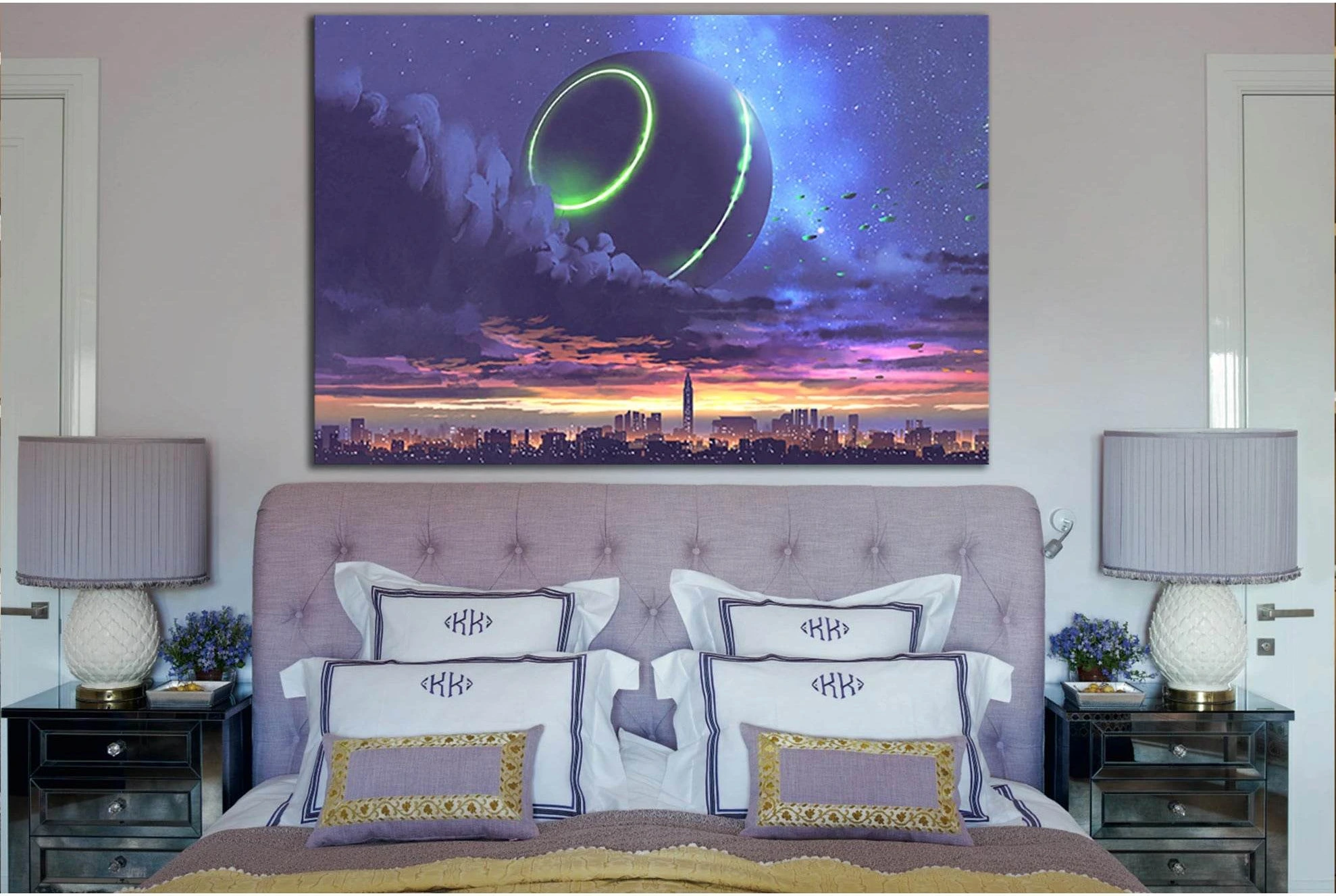 Unidentified Object Over City With Skyscrapers №SL1253 Ready to Hang Canvas Print - Zellart Canvas Prints 0new, ALL_Products, Fantasy And Sci Fi Wall Art