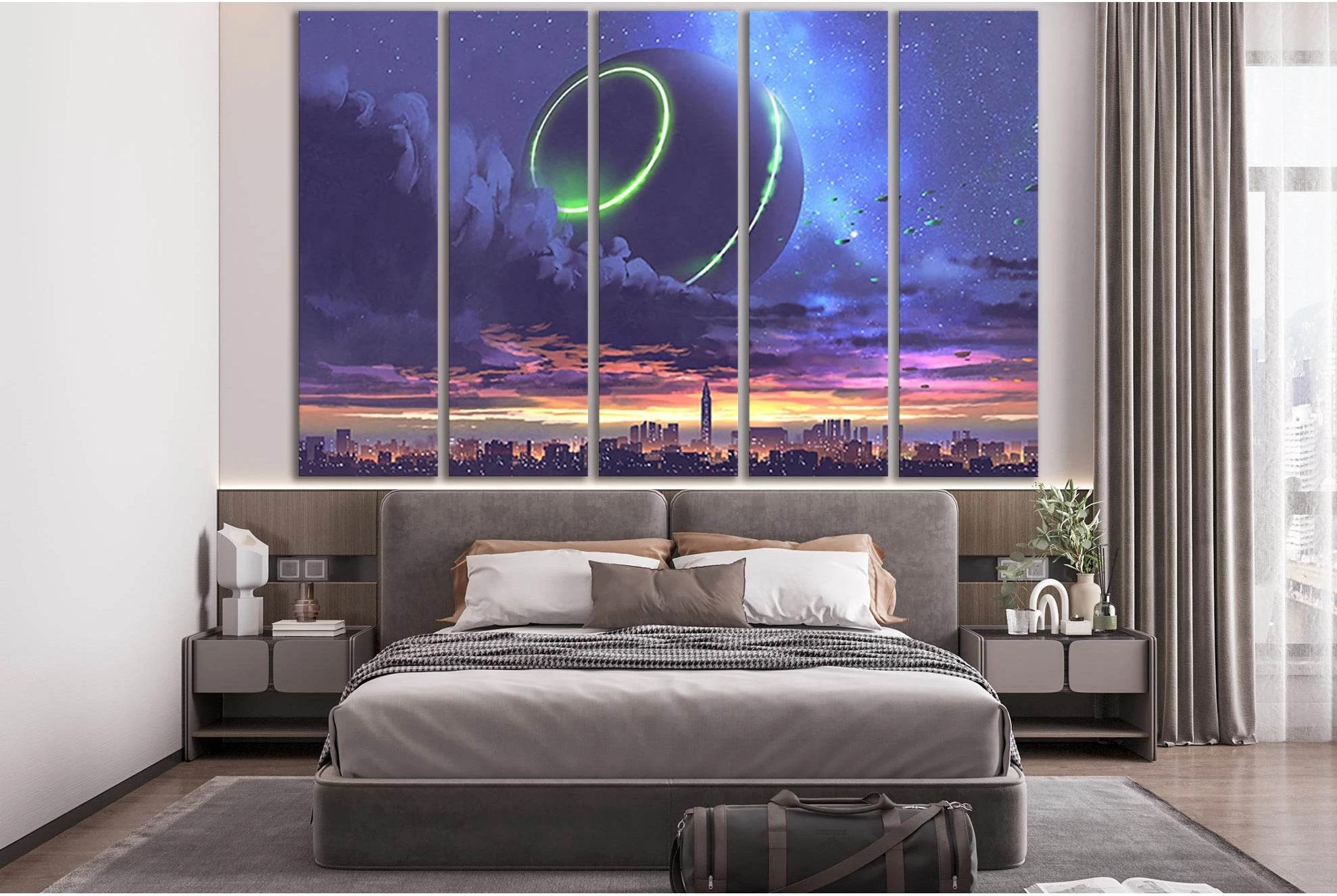 Unidentified Object Over City With Skyscrapers №SL1253 Ready to Hang Canvas Print - Zellart Canvas Prints 0new, ALL_Products, Fantasy And Sci Fi Wall Art