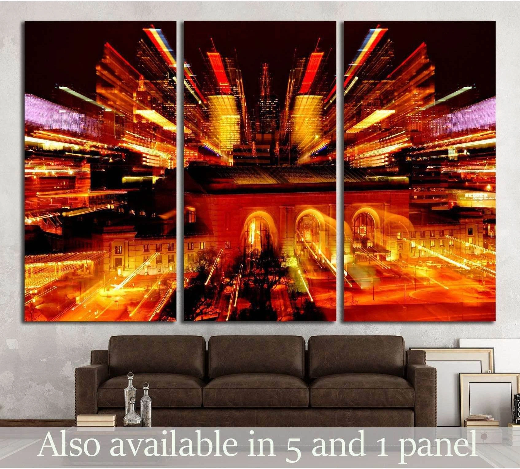 Kansas City Union Station canvas print with glowing orange night lights above a sofa