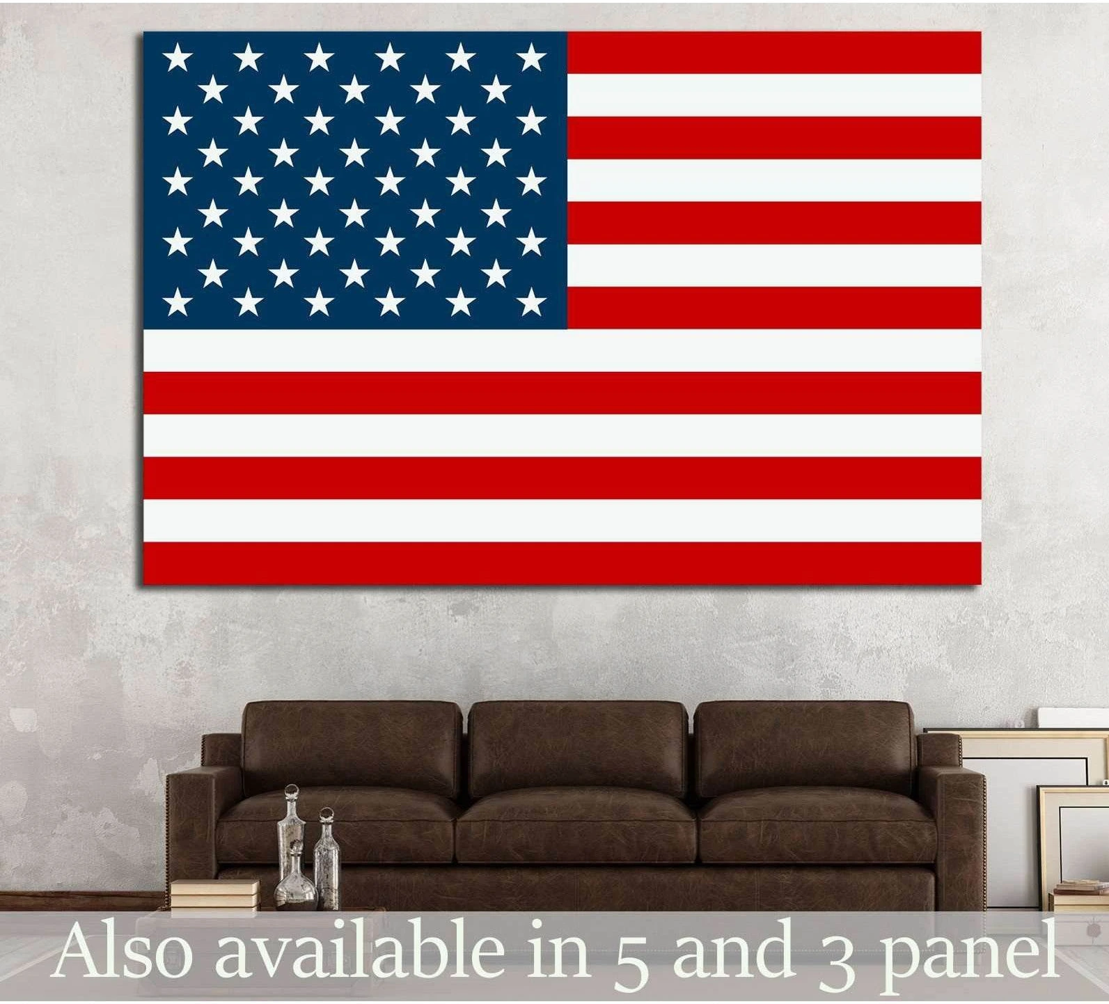 American flag canvas print with red, white, and blue stars and stripes above a brown sofa