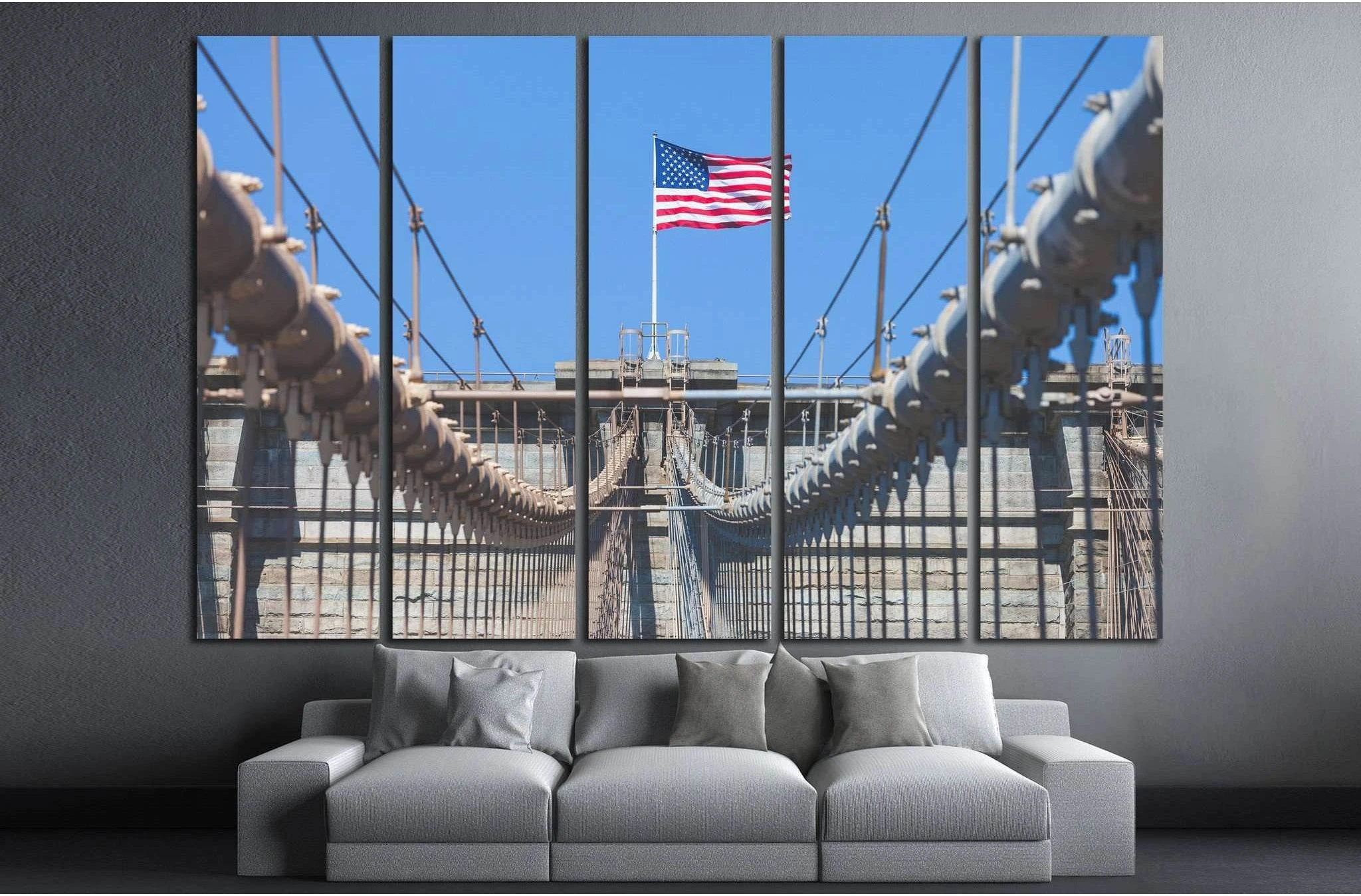 United States Flag at top of Brooklyn Bridge №1290 Ready to Hang Canvas Print - Zellart Canvas Prints 0_NY_ART, ALL_Products, s-1290