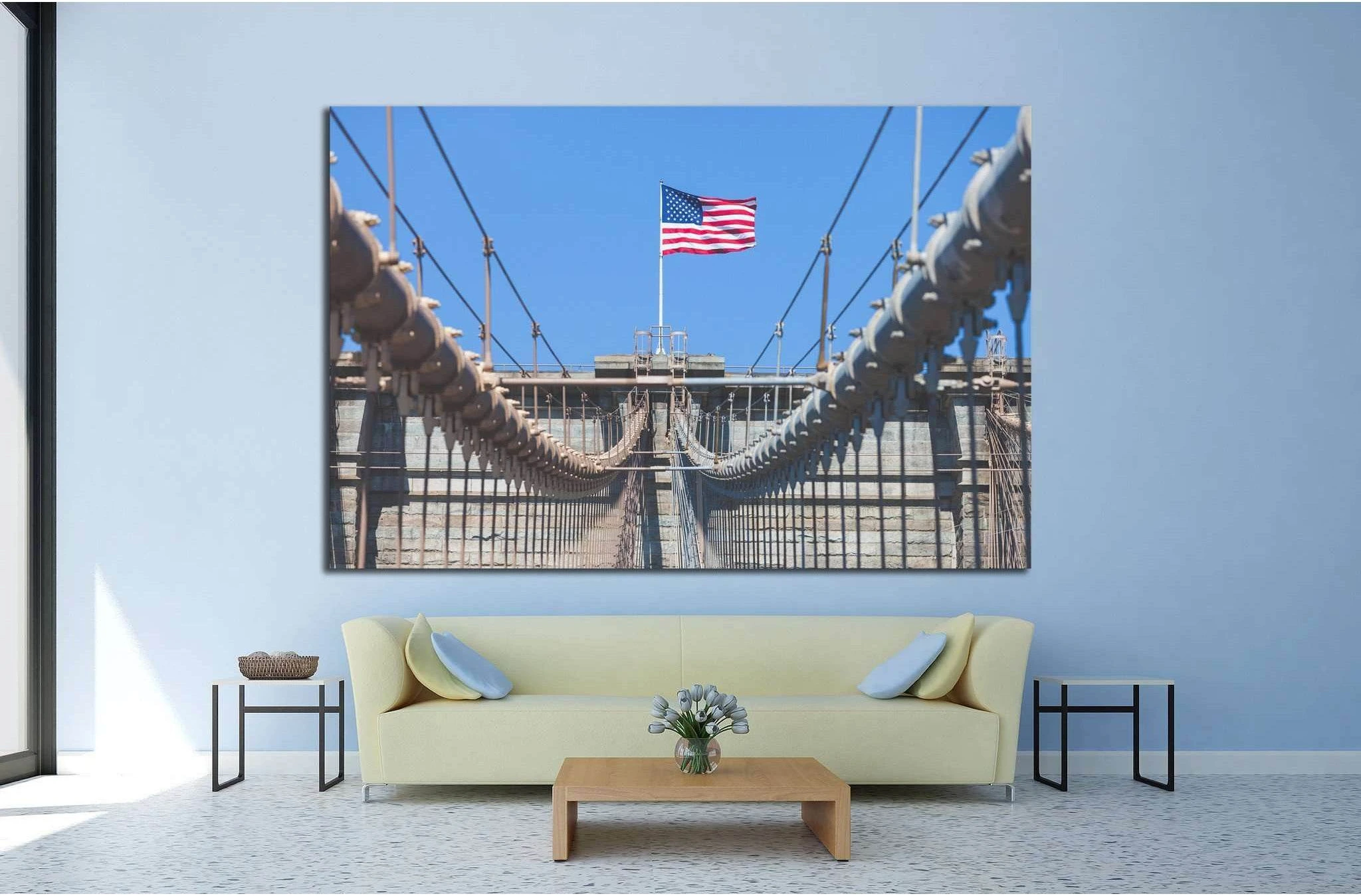 United States Flag at top of Brooklyn Bridge №1290 Ready to Hang Canvas Print - Zellart Canvas Prints 0_NY_ART, ALL_Products, s-1290