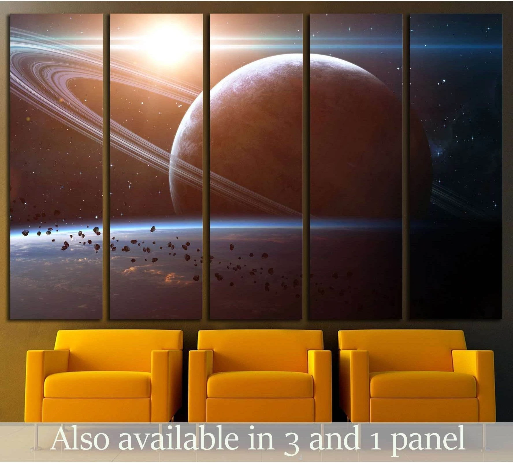 Ringed planet multi-panel canvas print with asteroid field and glowing horizon in a modern office