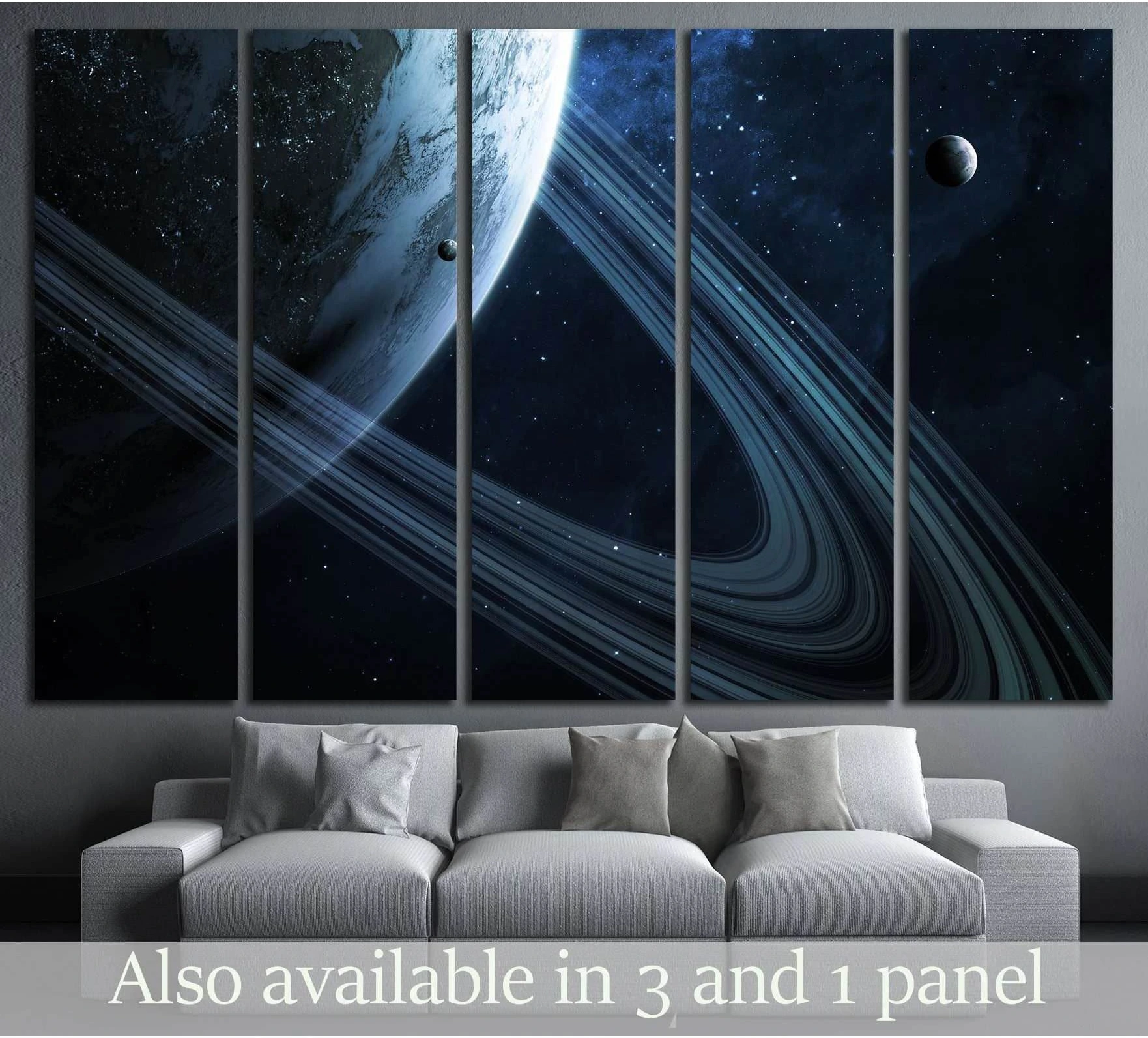 Ringed planet multi-panel canvas print with stars and moons above a sofa in a modern living room
