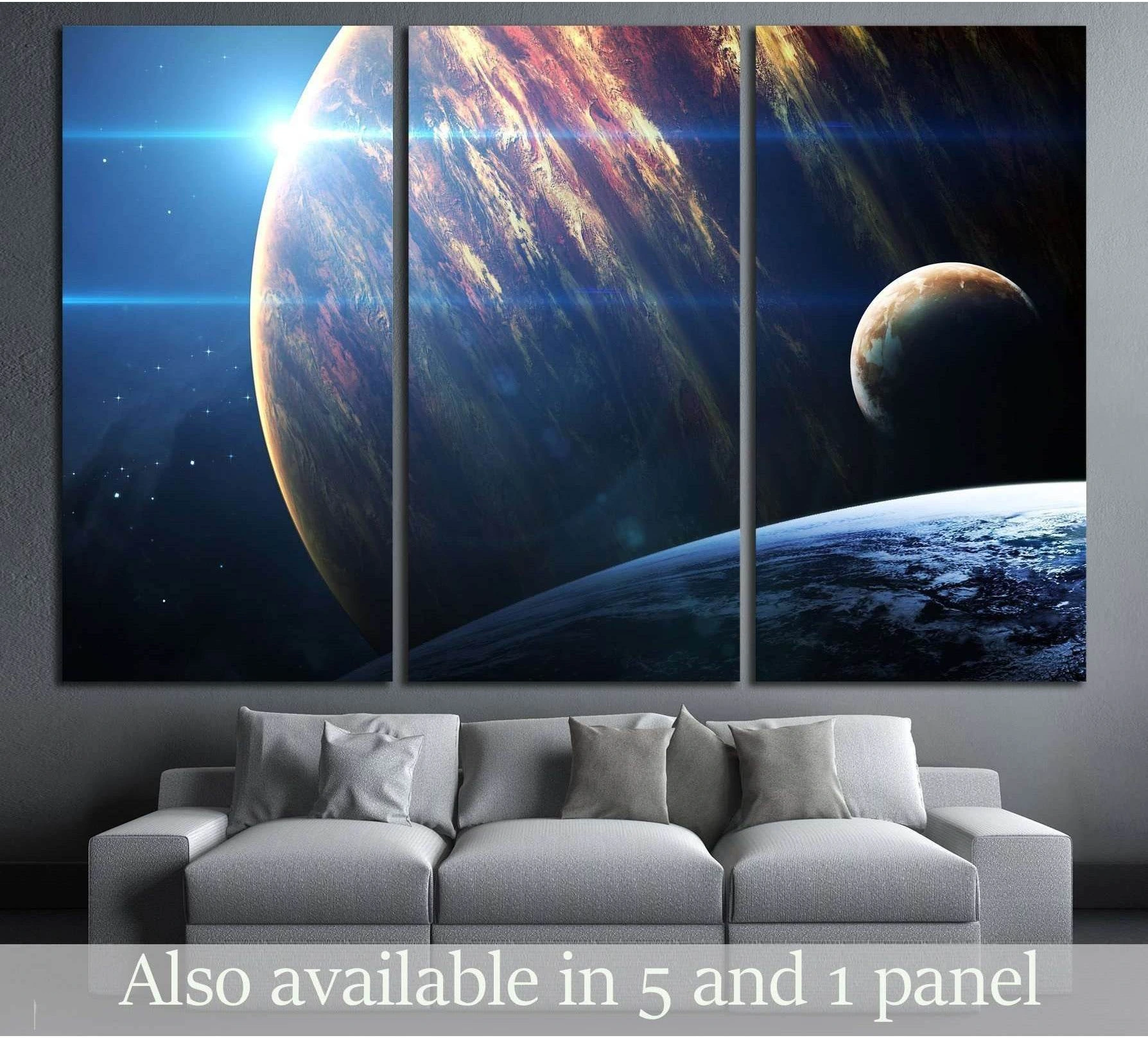 Triptych space planets canvas print above sofa with glowing galaxy sky and deep blue cosmic horizon