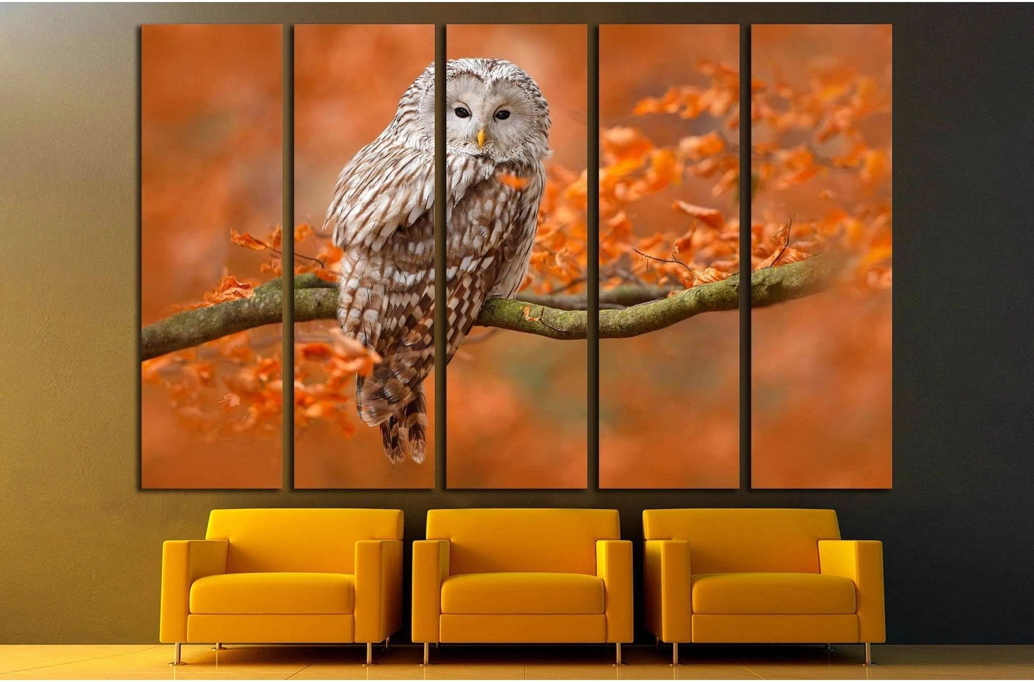 Ural Owl, Strix uralensis, sitting on tree branch, Sweden №1857 Ready to Hang Canvas Print - Zellart Canvas Prints ALL_Products, Owl, s-1857