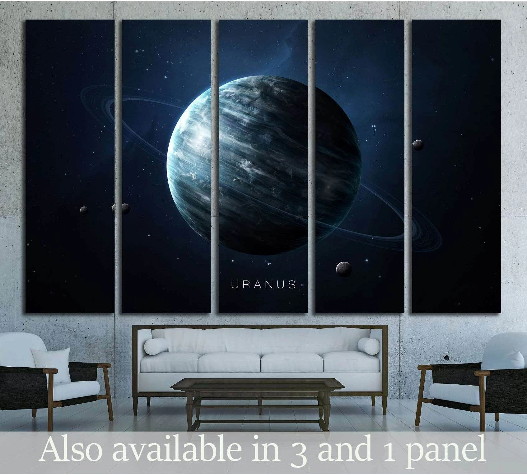 Blue Uranus planet canvas print in a five-panel space wall art display above a sofa