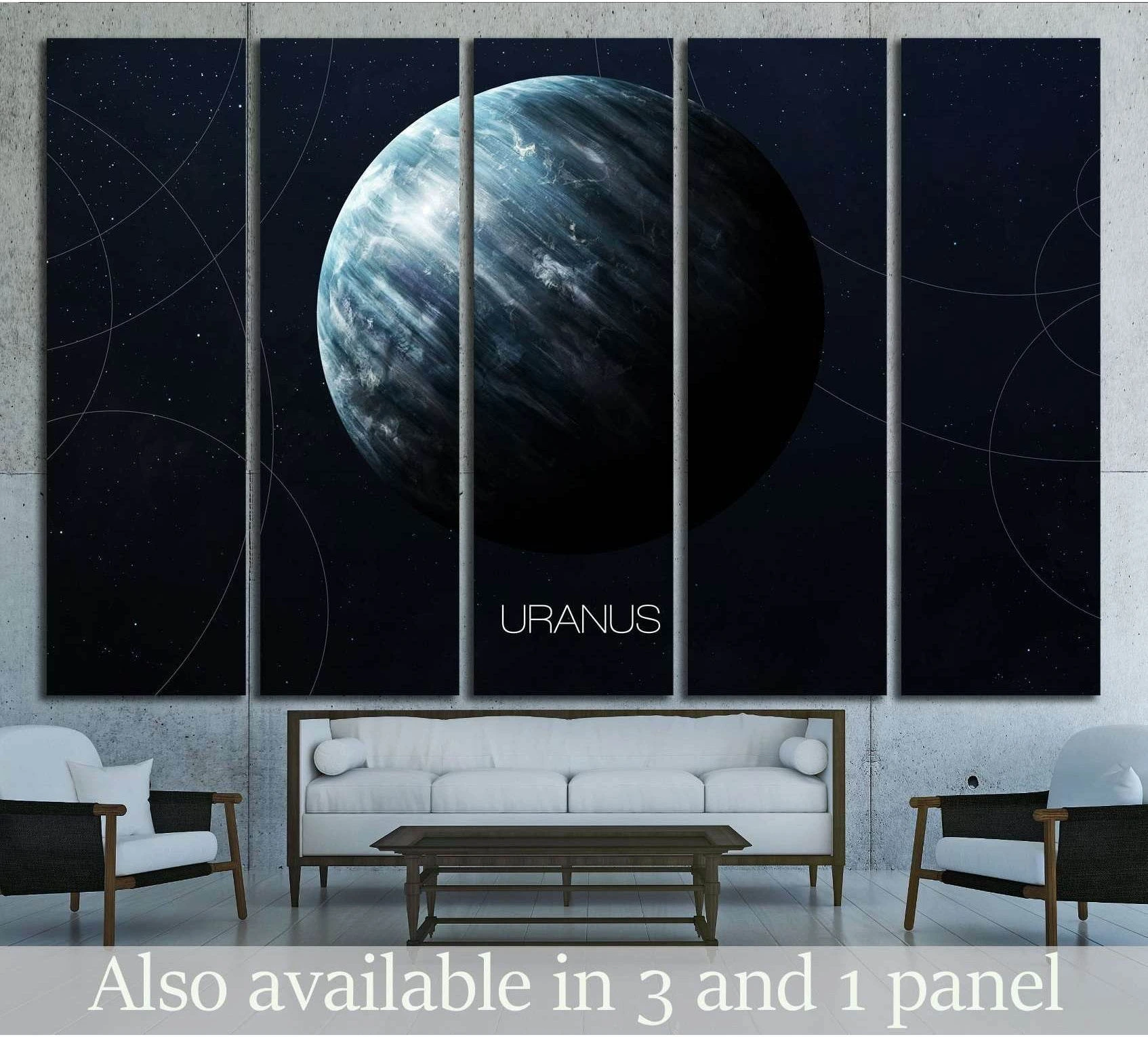 Five-panel Uranus canvas print above a sofa in a modern living room with dark space background