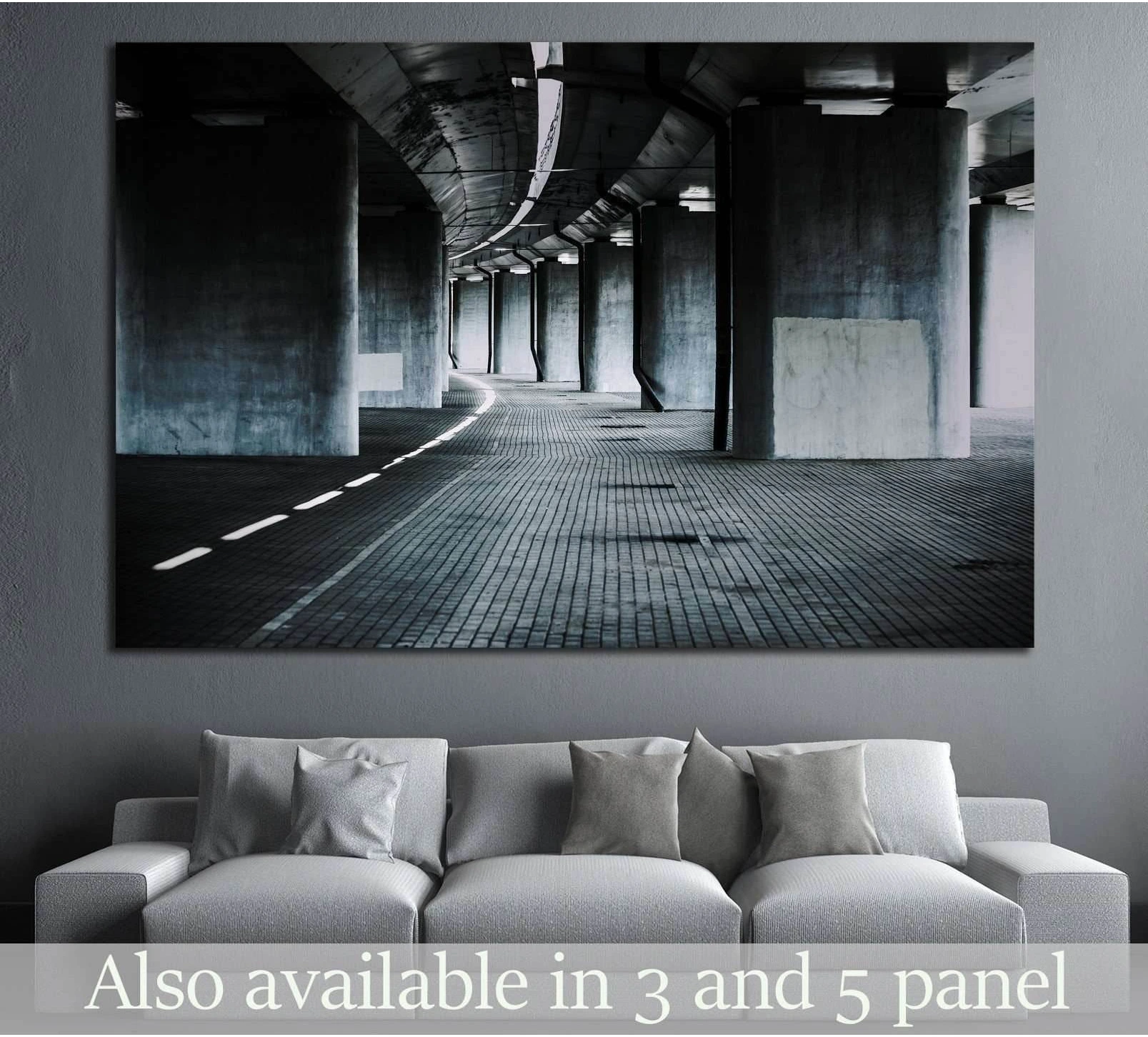 Black and white urban bridge canvas print showing a curved underpass with concrete columns