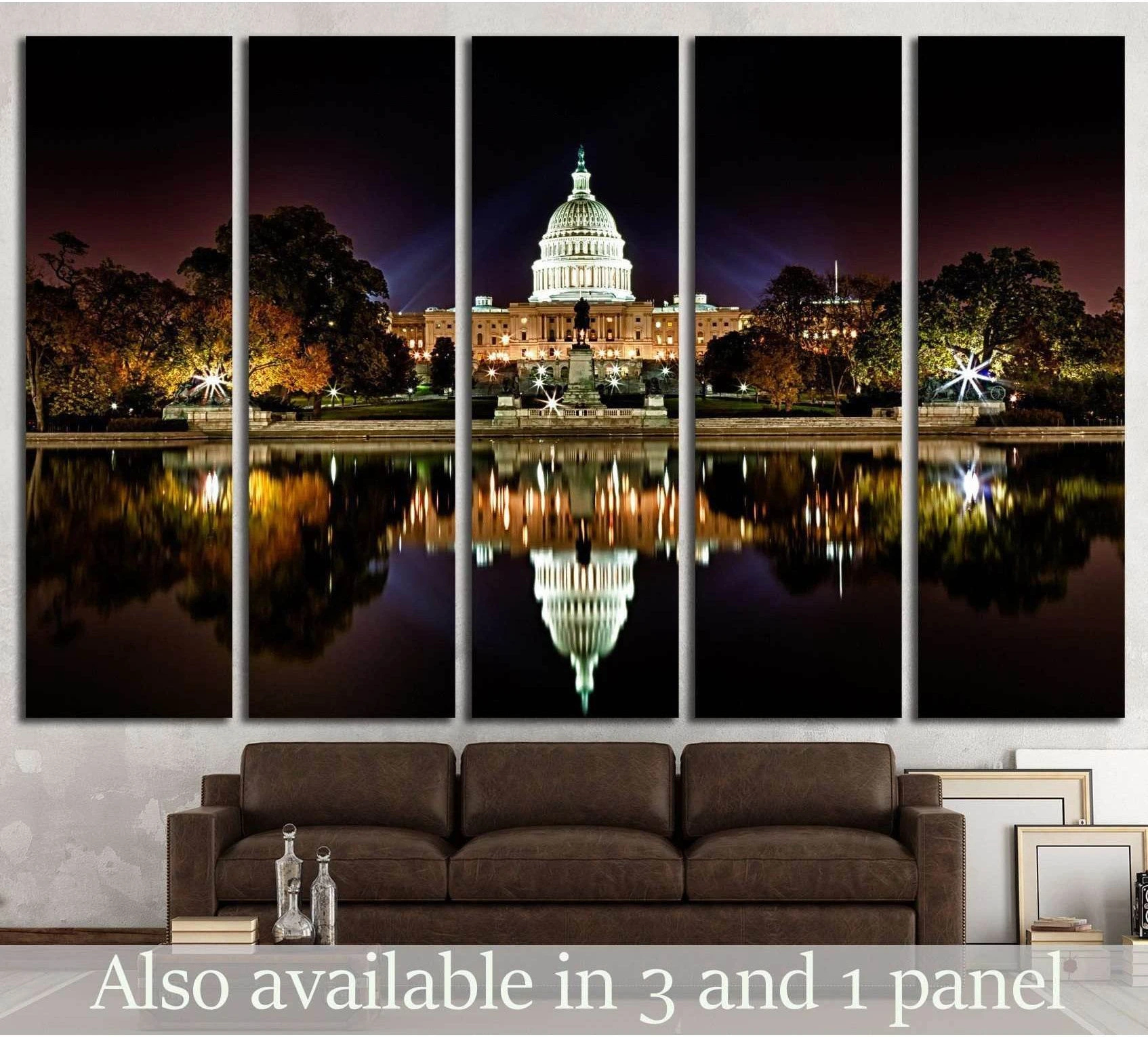 US Capitol Building at night with reflecting pool canvas print displayed above sofa