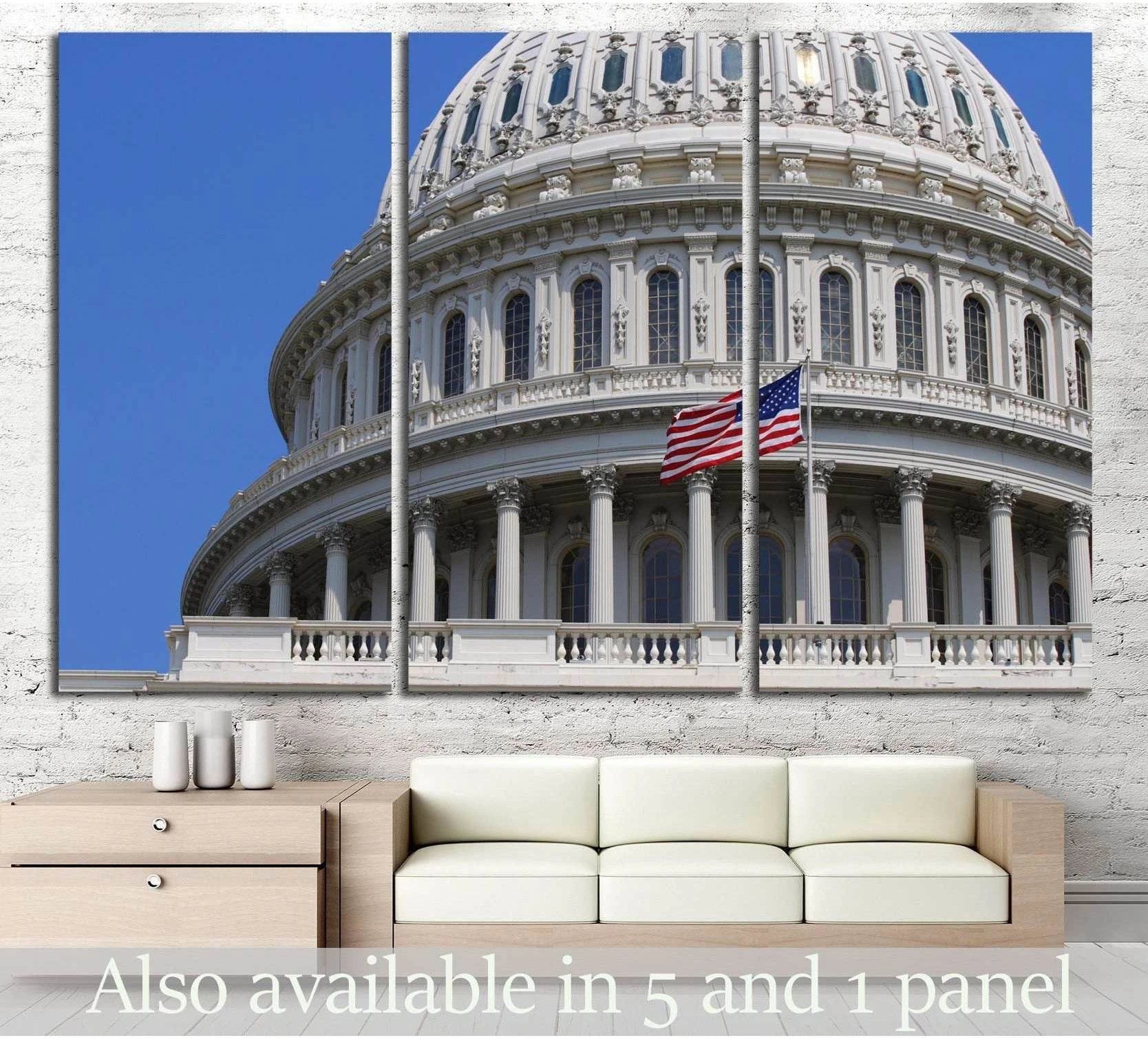 US Capitol Building dome canvas print with American flag above sofa in modern living room