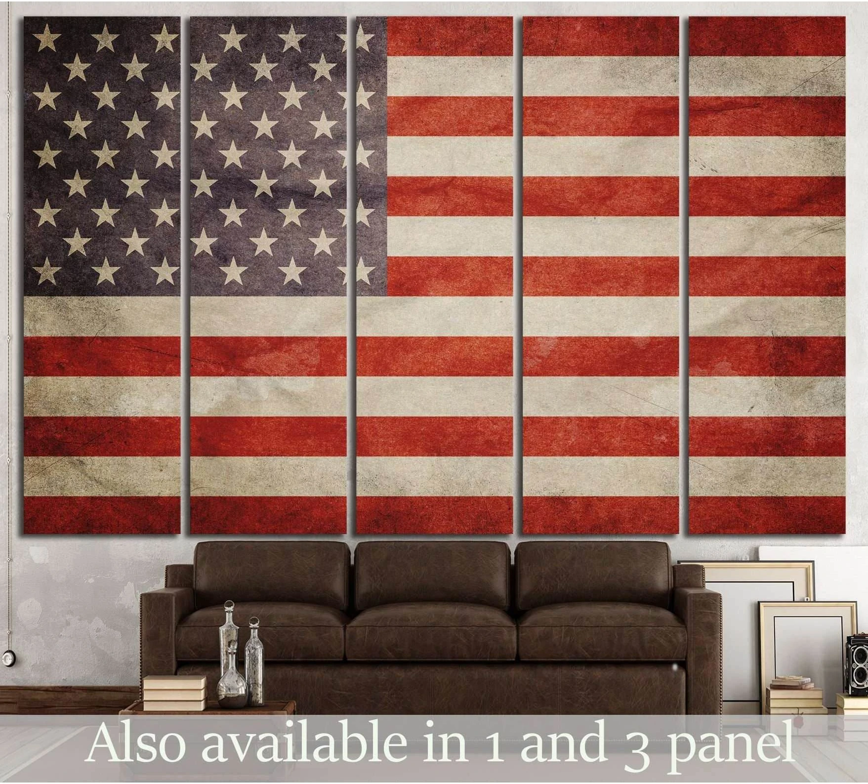 Distressed American flag five-panel canvas print hung above a brown sofa in a rustic living room