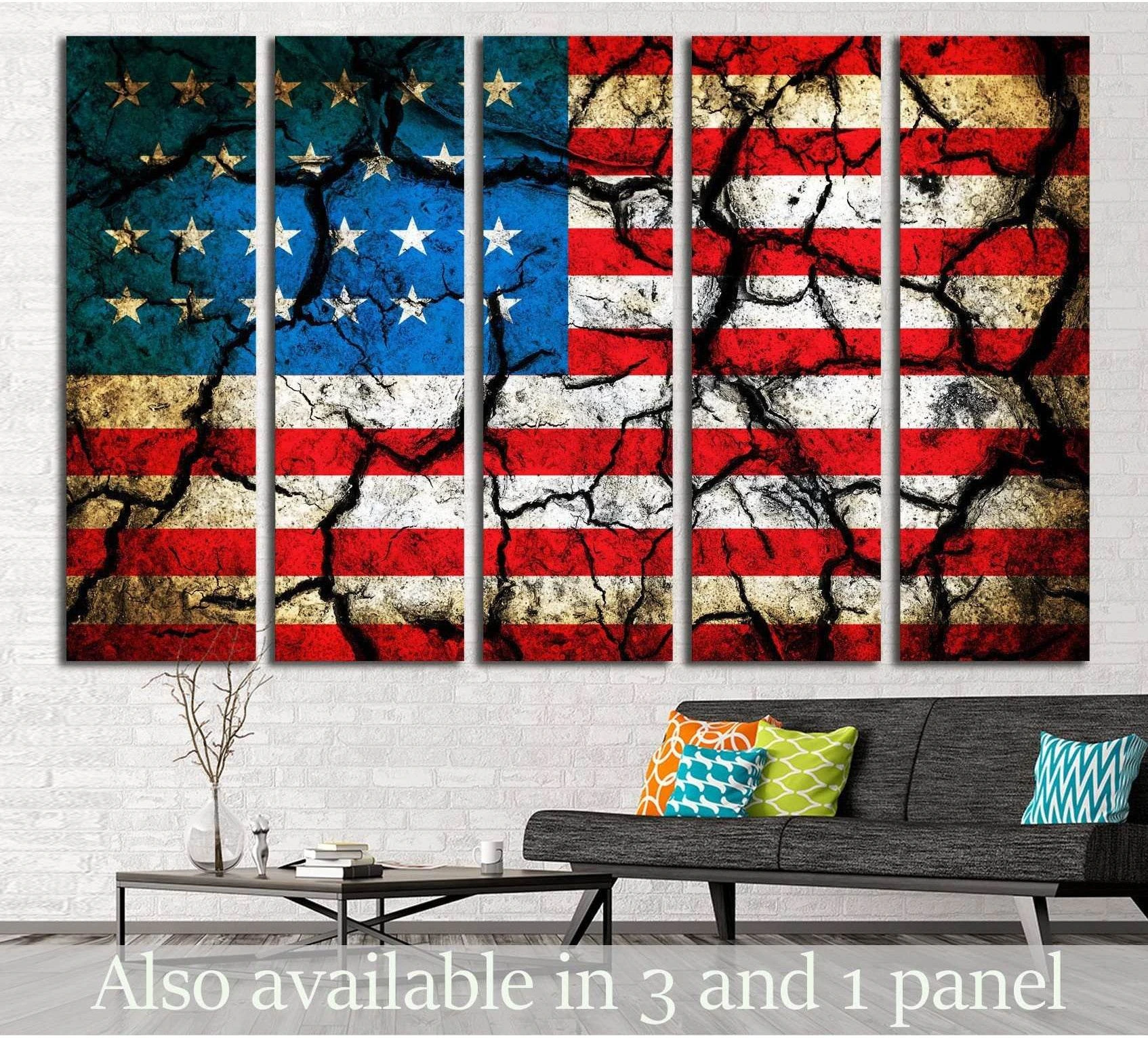 American flag canvas print with cracked earth texture above a sofa in a living room