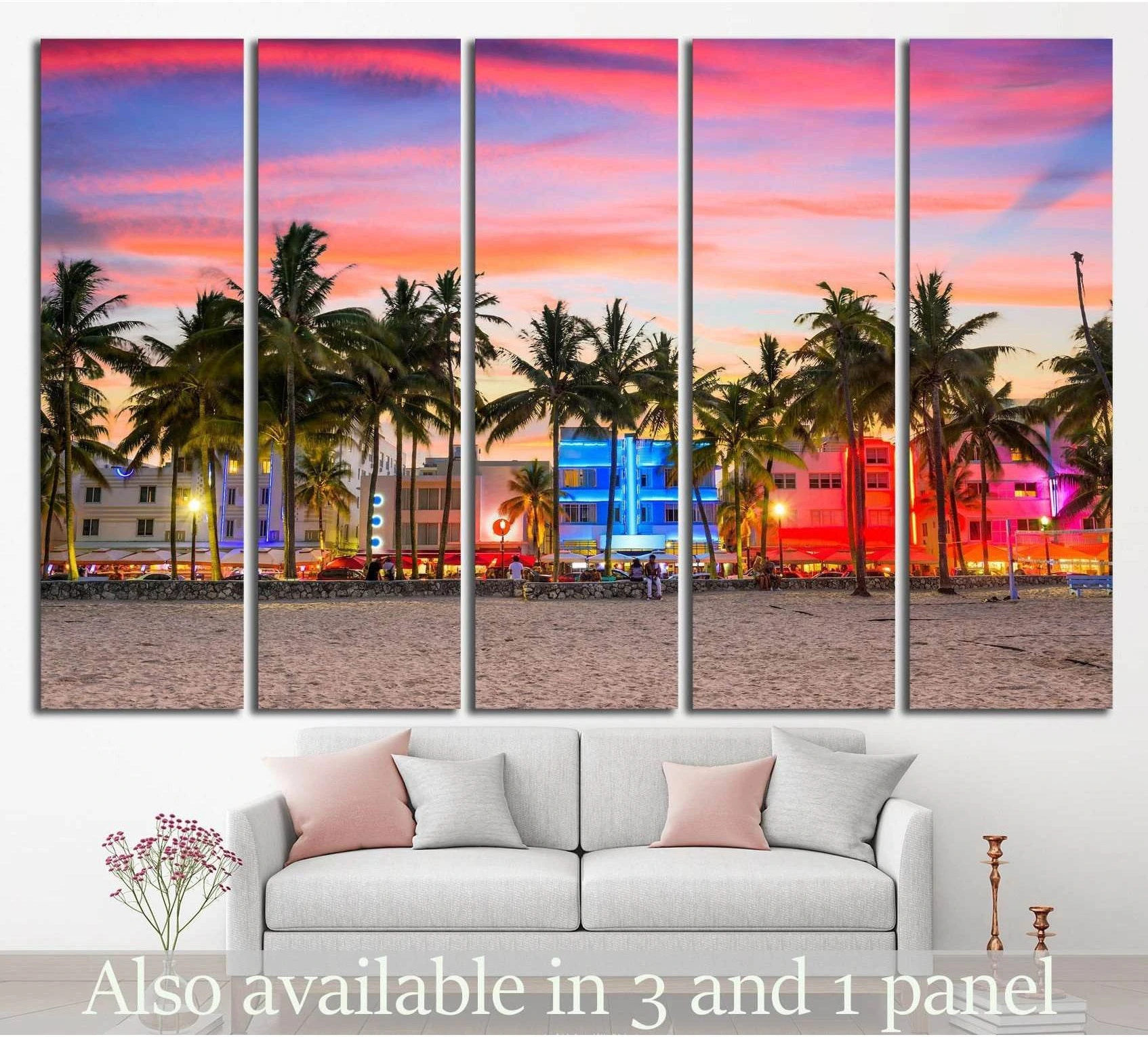 Miami Ocean Drive sunset canvas print with palm trees and neon Art Deco hotels above a sofa