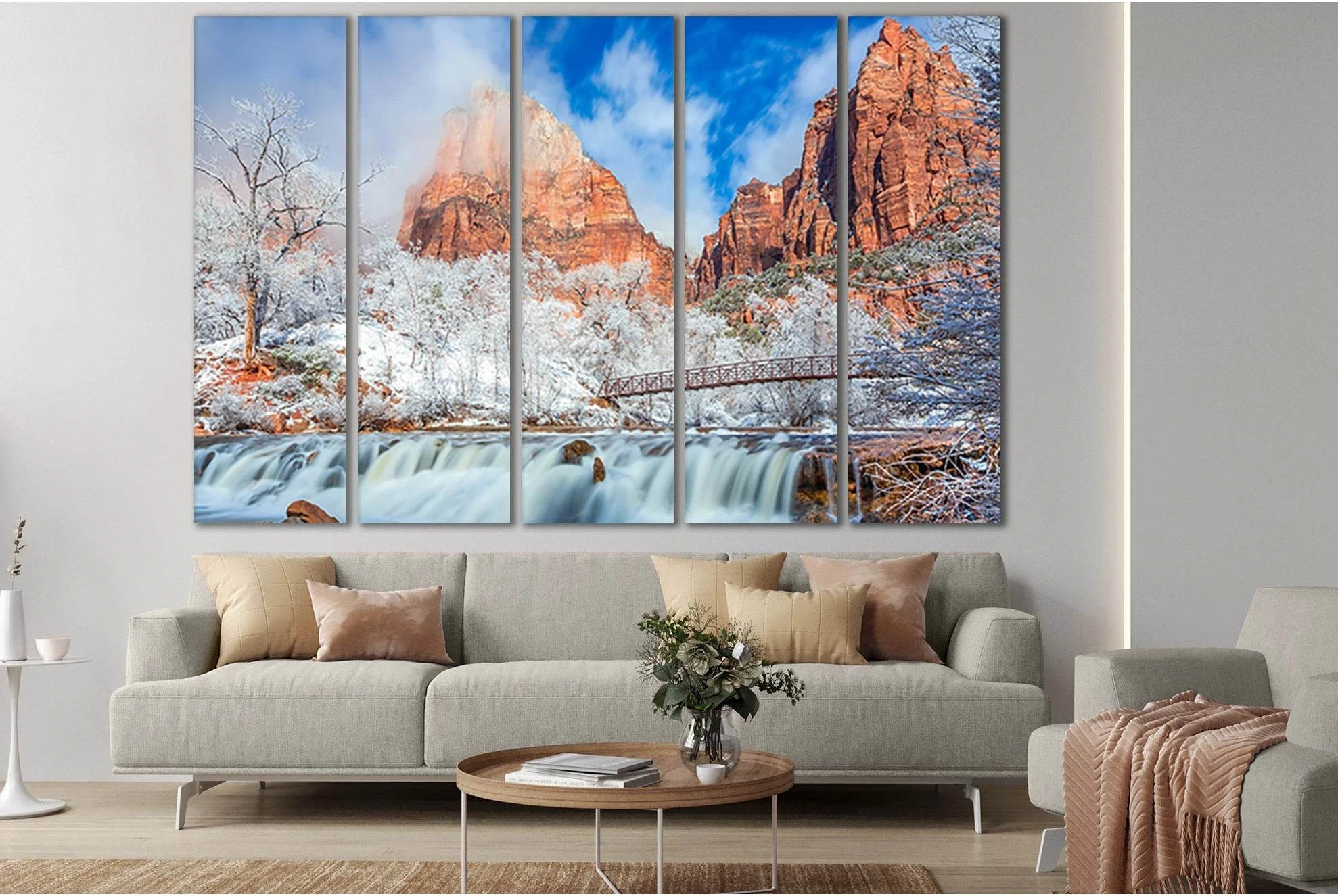 USA Zion Park Mountains Waterfall №SL464 Ready to Hang Canvas Print - Zellart Canvas Prints 0new, ALL_Products, Waterfall, Waterfall Wall Art