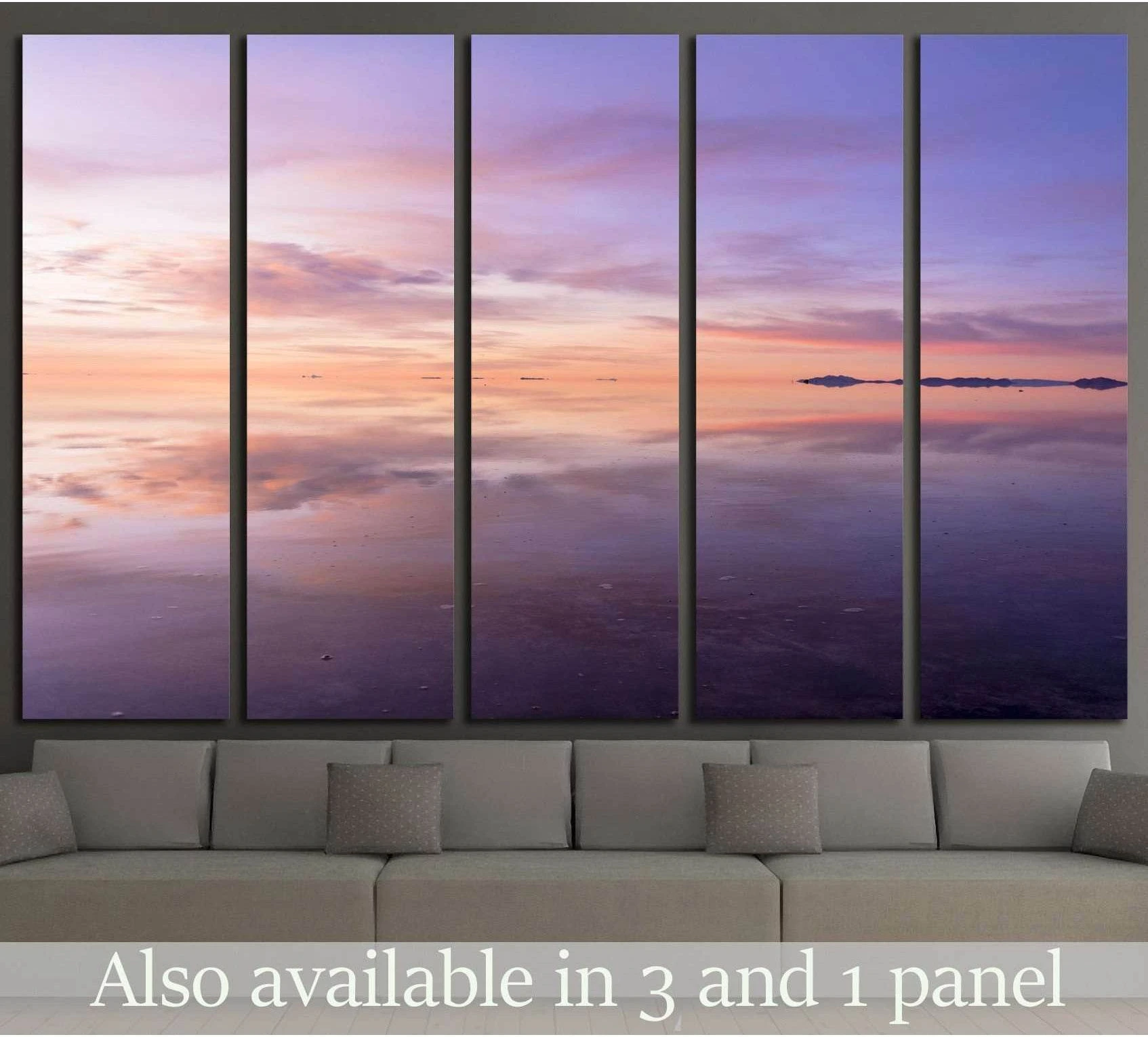 Uyuni Salt Lake canvas print with pink and lavender reflections above a sofa in a modern living room