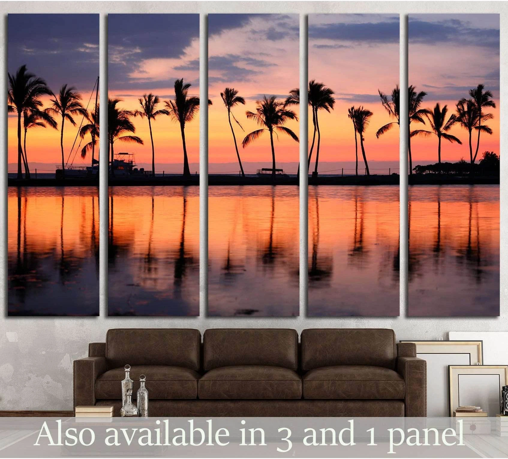 Hawaii sunset palm canvas print displayed above sofa with orange sky and water reflections