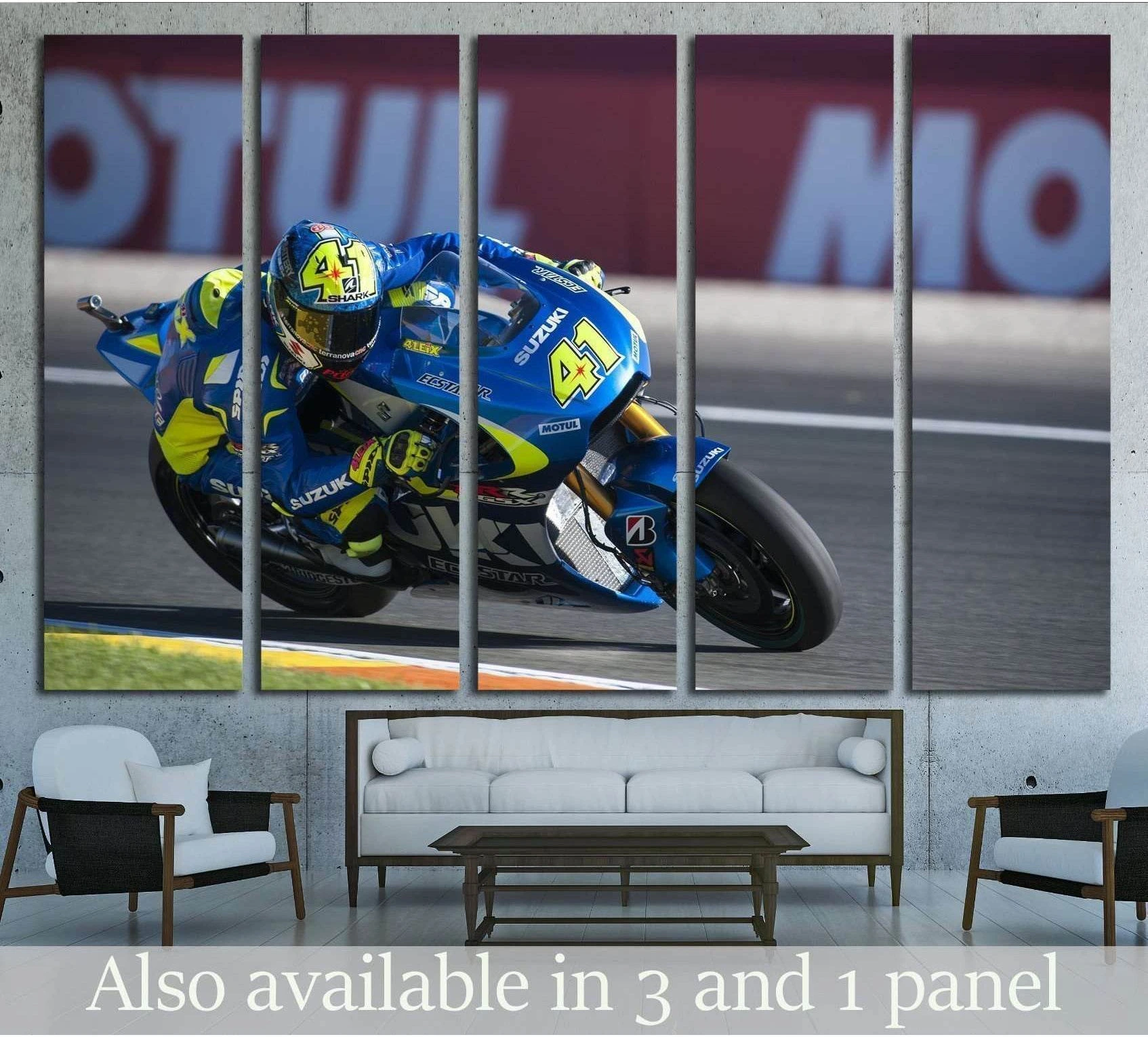 Aleix Espargaro Suzuki MotoGP canvas print leaning into a corner above a sofa