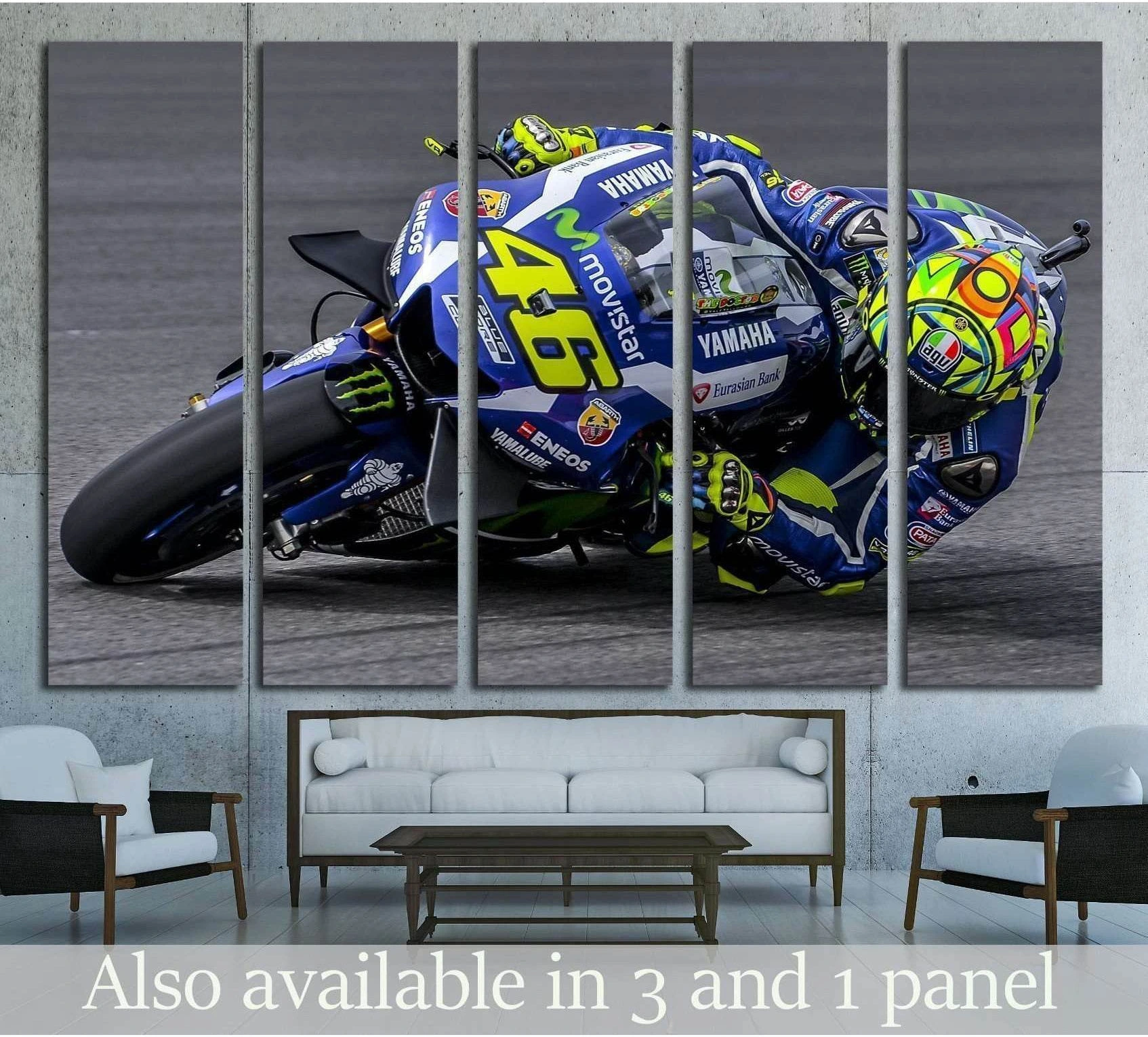 Valentino Rossi Yamaha MotoGP canvas print leaning into a corner above sofa in modern living room