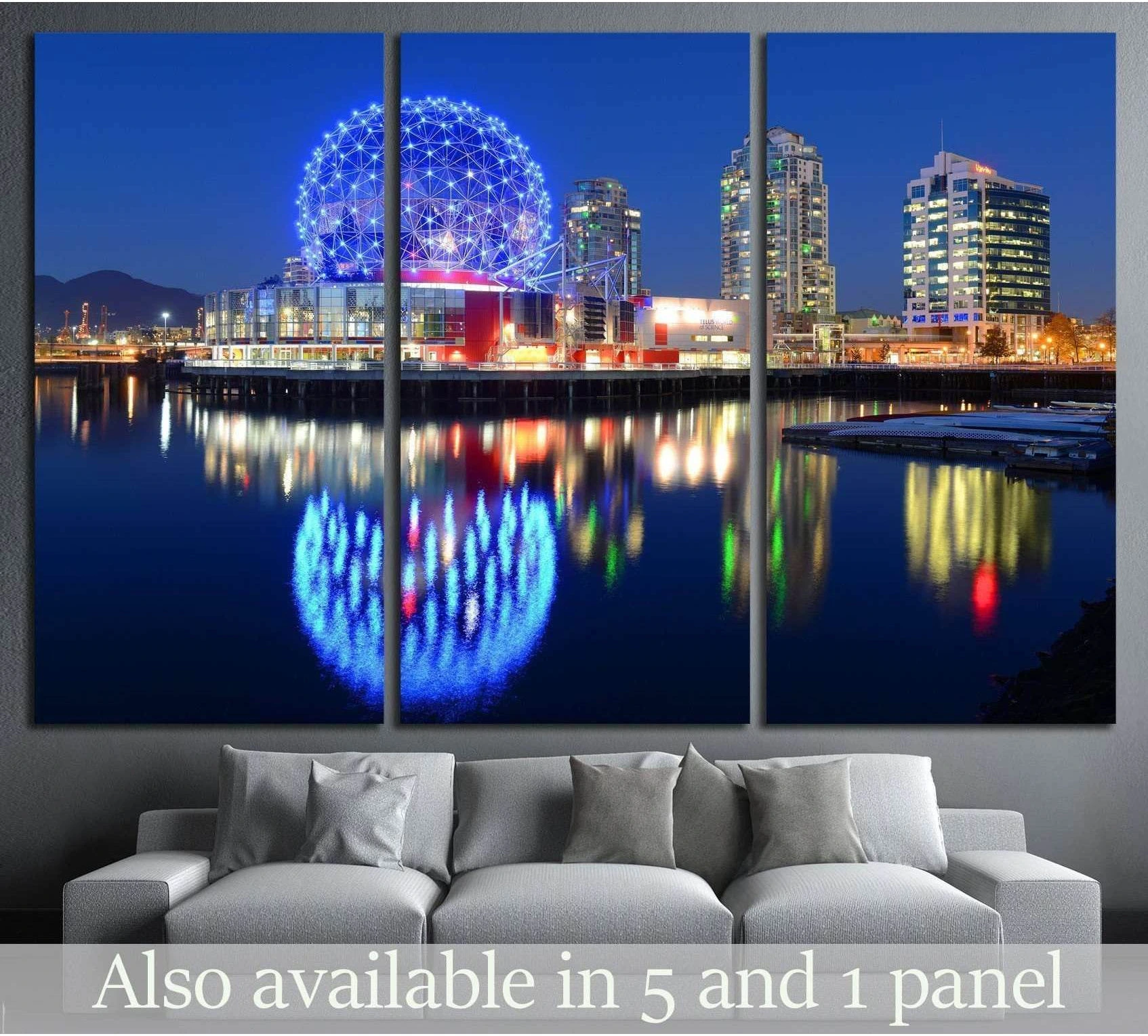 Vancouver night canvas print with Science World blue dome and skyline reflections above a sofa
