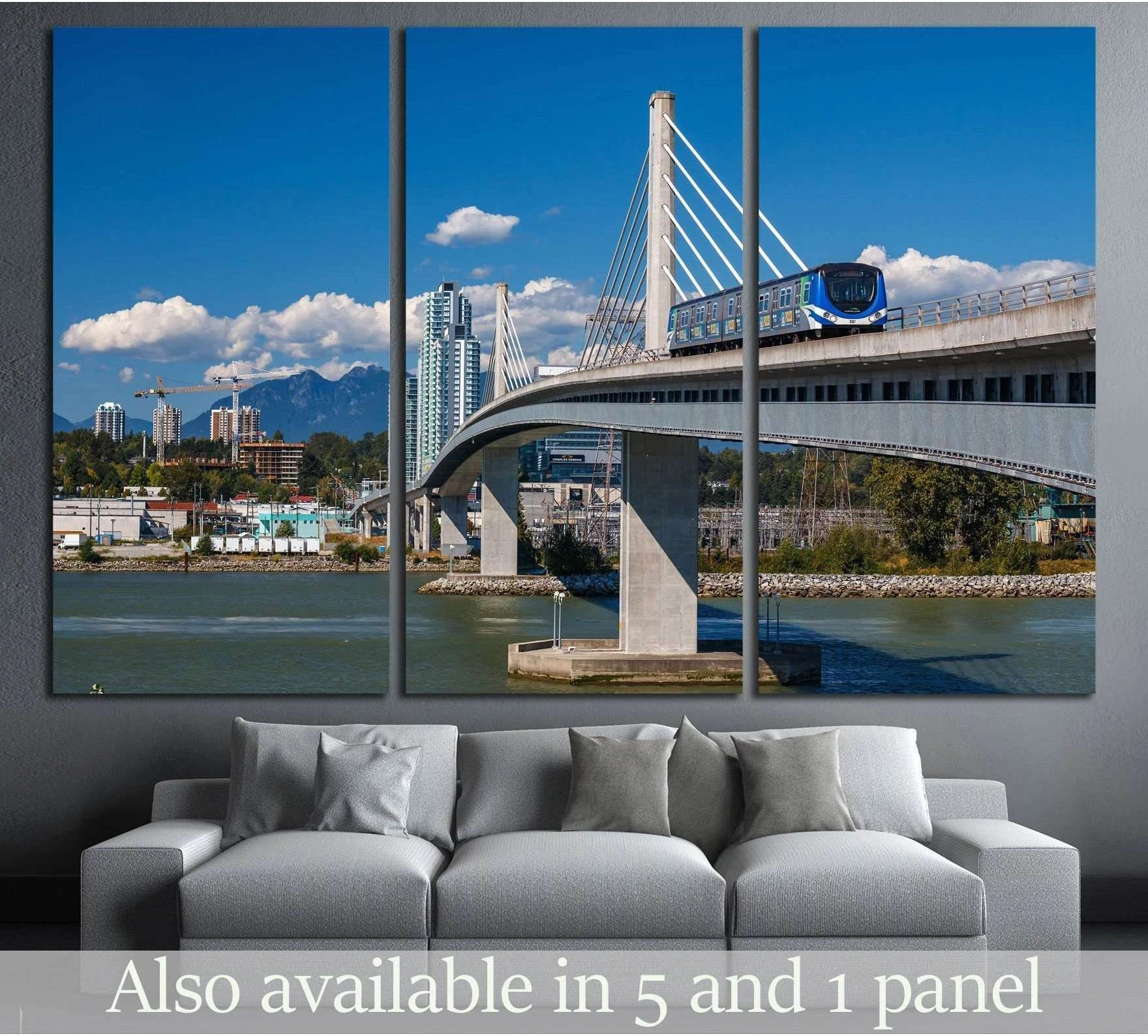 Vancouver Canada Line train canvas print on bridge above sofa in modern living room