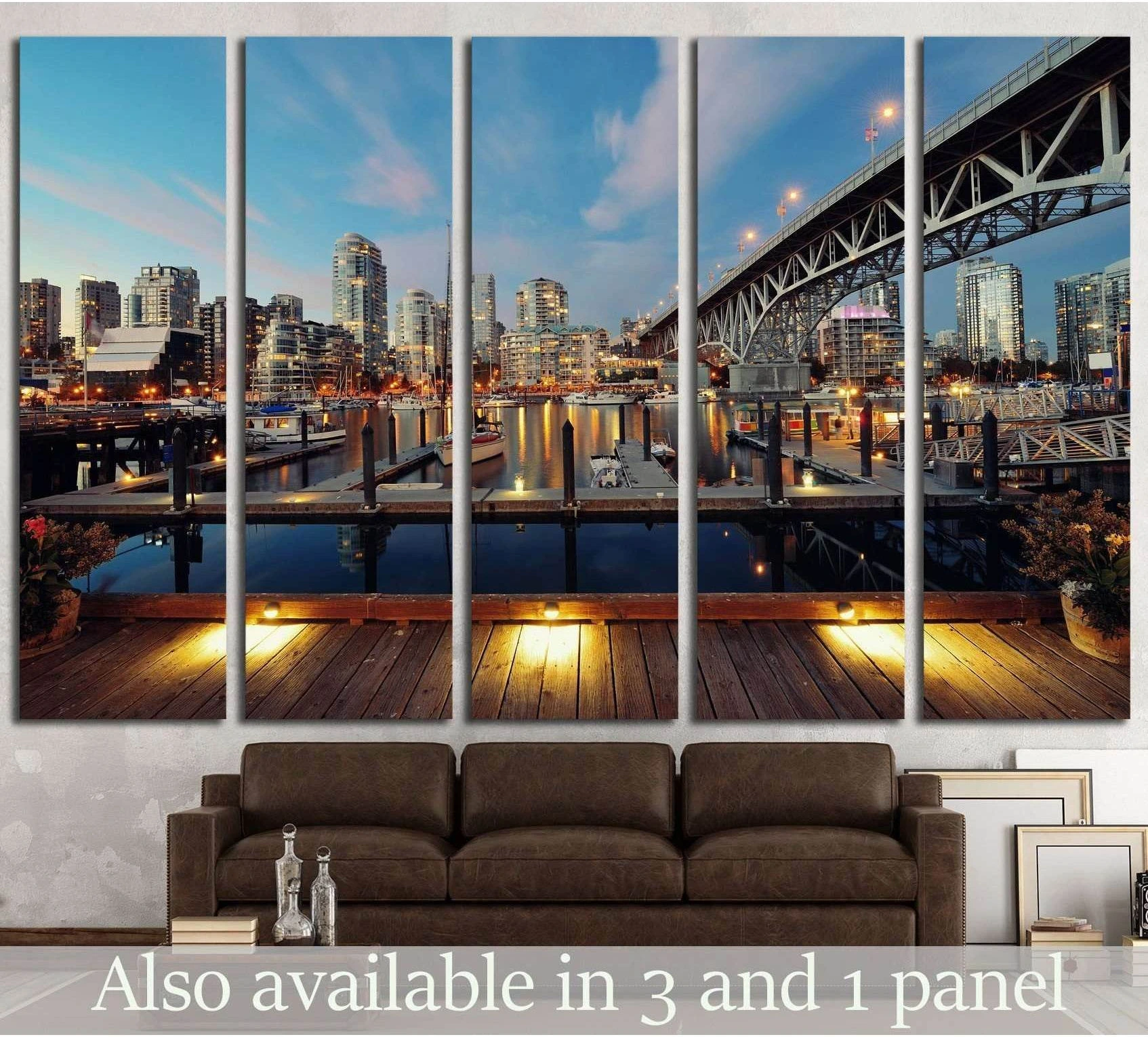 Vancouver False Creek canvas print with Granville Bridge, marina lights, and skyline at dusk above a sofa