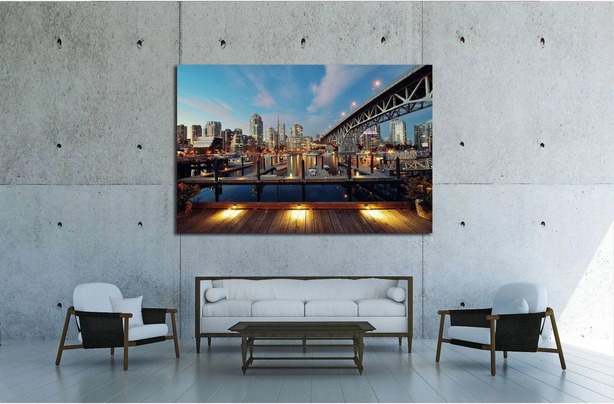 Vancouver False Creek at night with bridge and boat №2015 Ready to Hang Canvas Print - Zellart Canvas Prints ALL_Products, s-2015