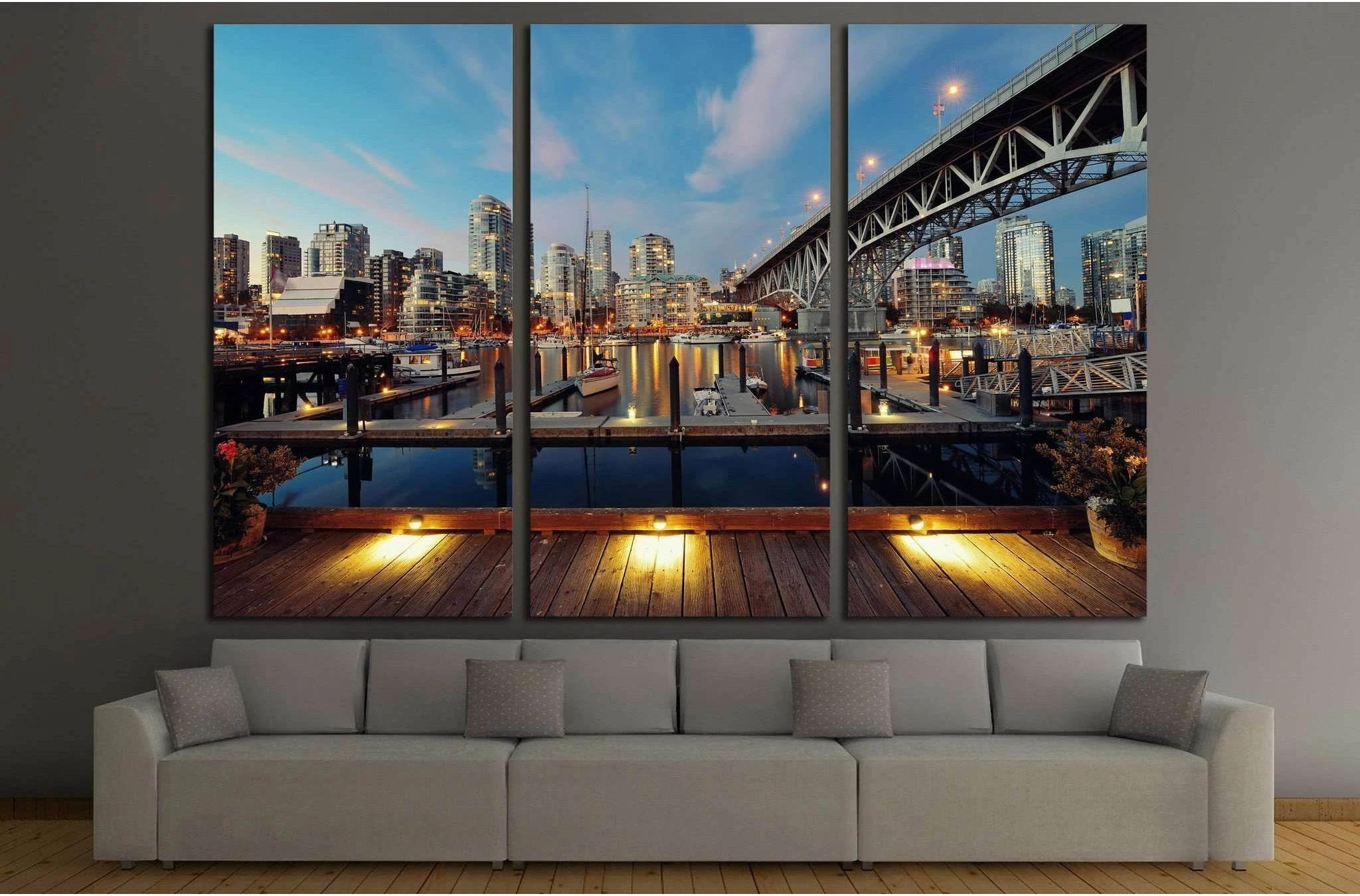 Vancouver False Creek at night with bridge and boat №2015 Ready to Hang Canvas Print - Zellart Canvas Prints ALL_Products, s-2015
