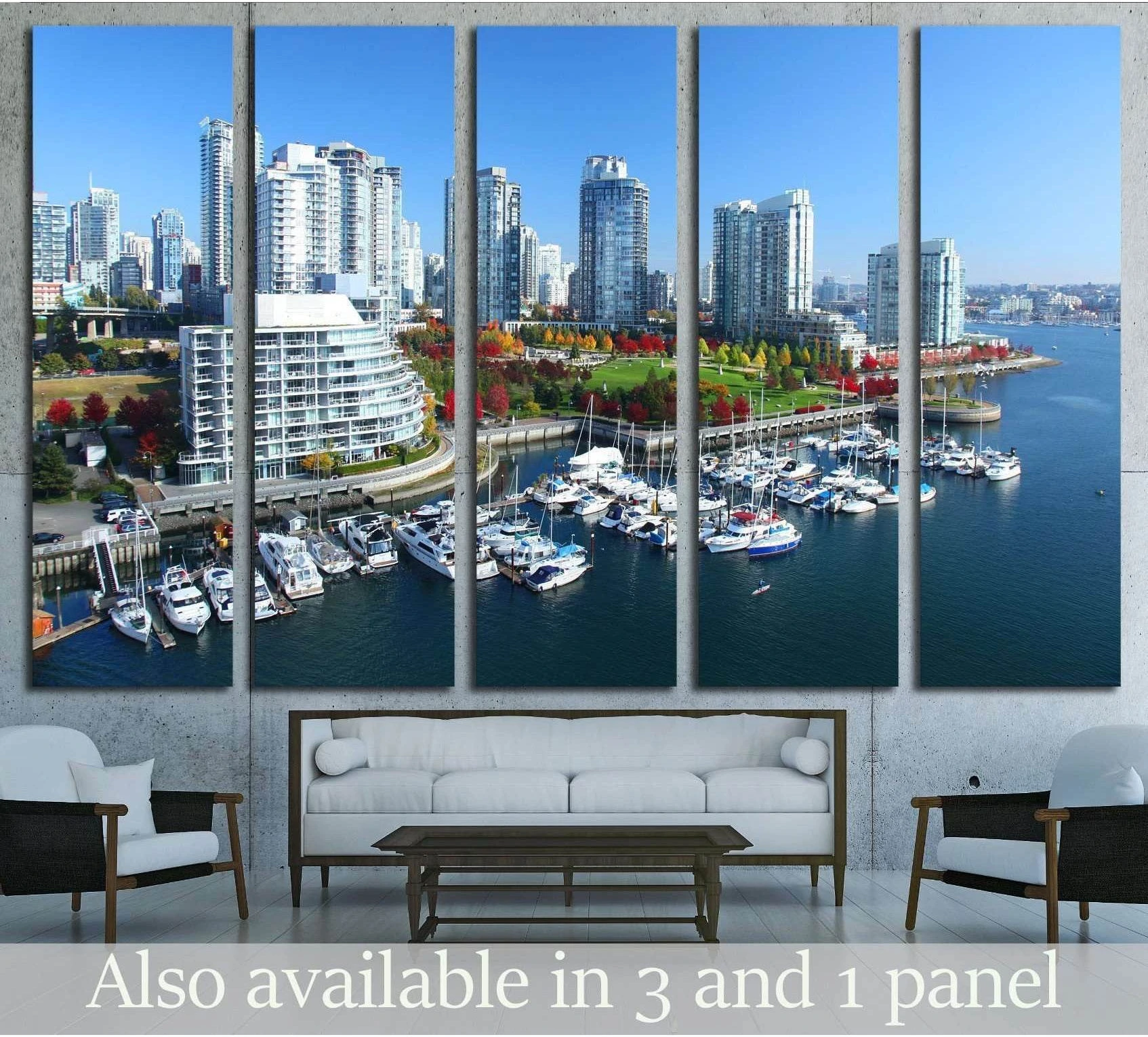 Vancouver marina skyline canvas print with boats and waterfront towers in a modern living room