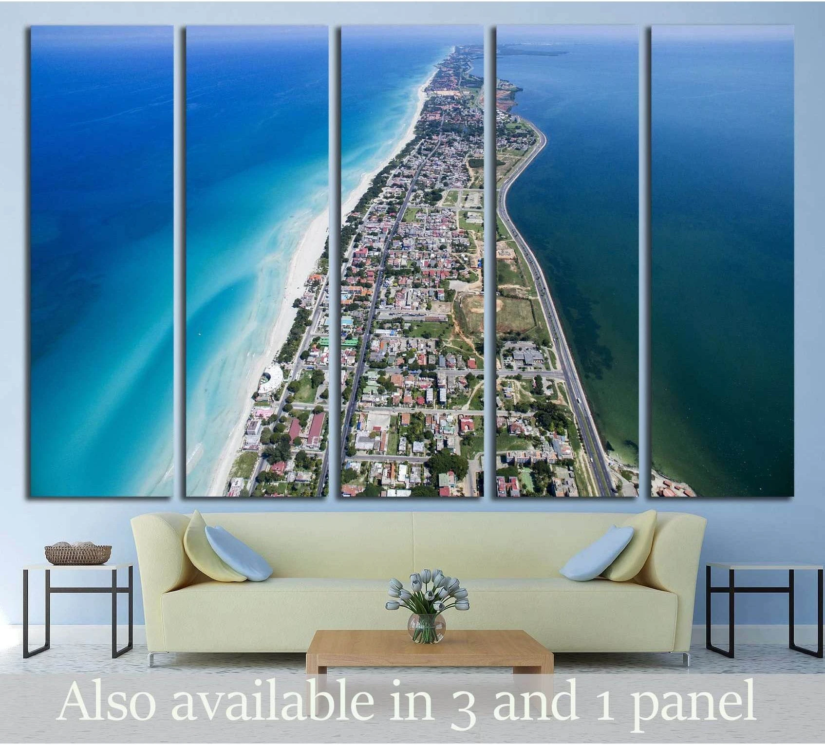 Varadero Cuba aerial beach canvas print with turquoise shoreline and tropical island town in 5-panel wall art mockup