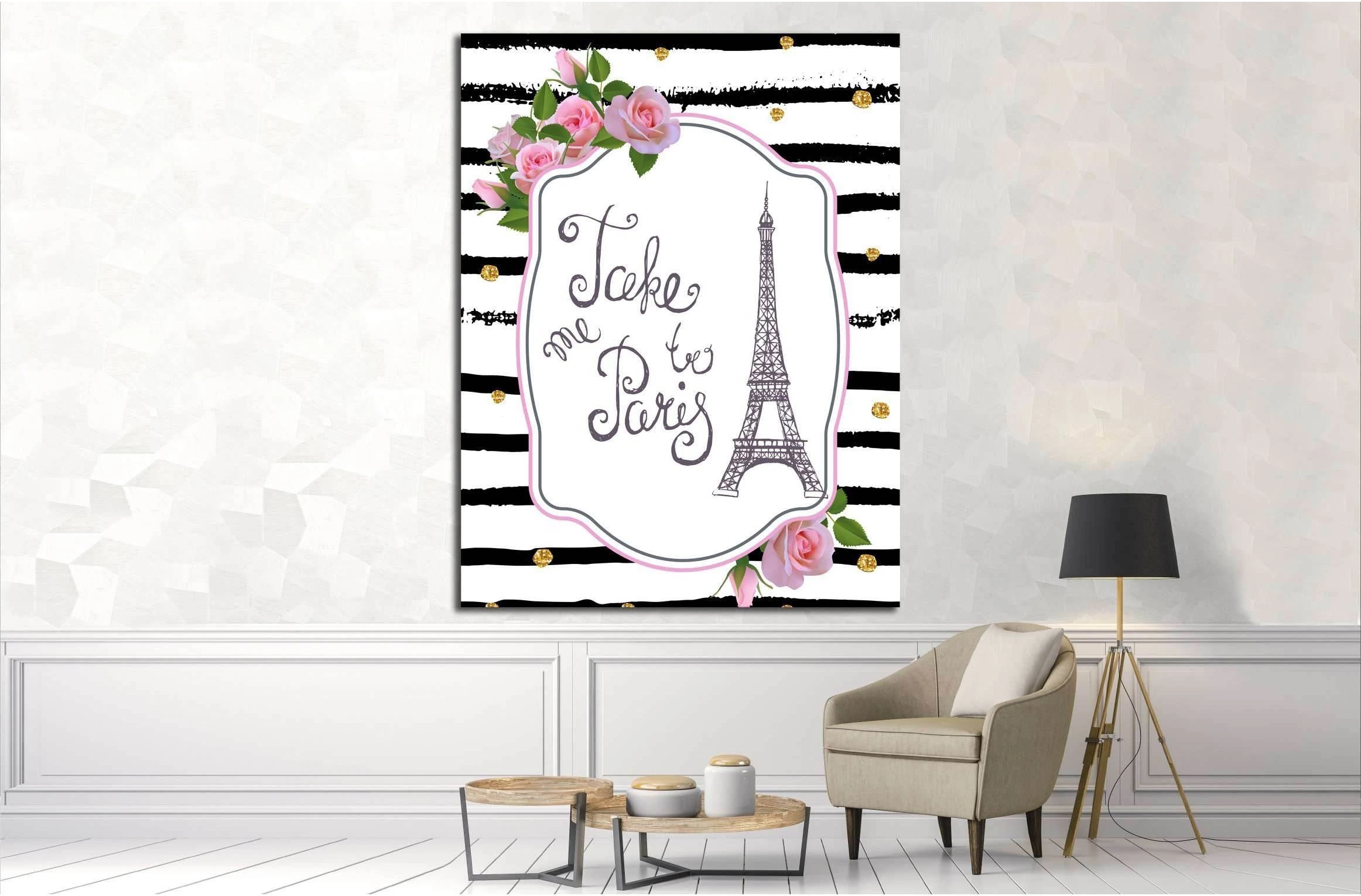 Vector romantic card template with pink roses, Eiffel tower №4599 Ready to Hang Canvas Print - Zellart Canvas Prints ALL_Products, s-4599