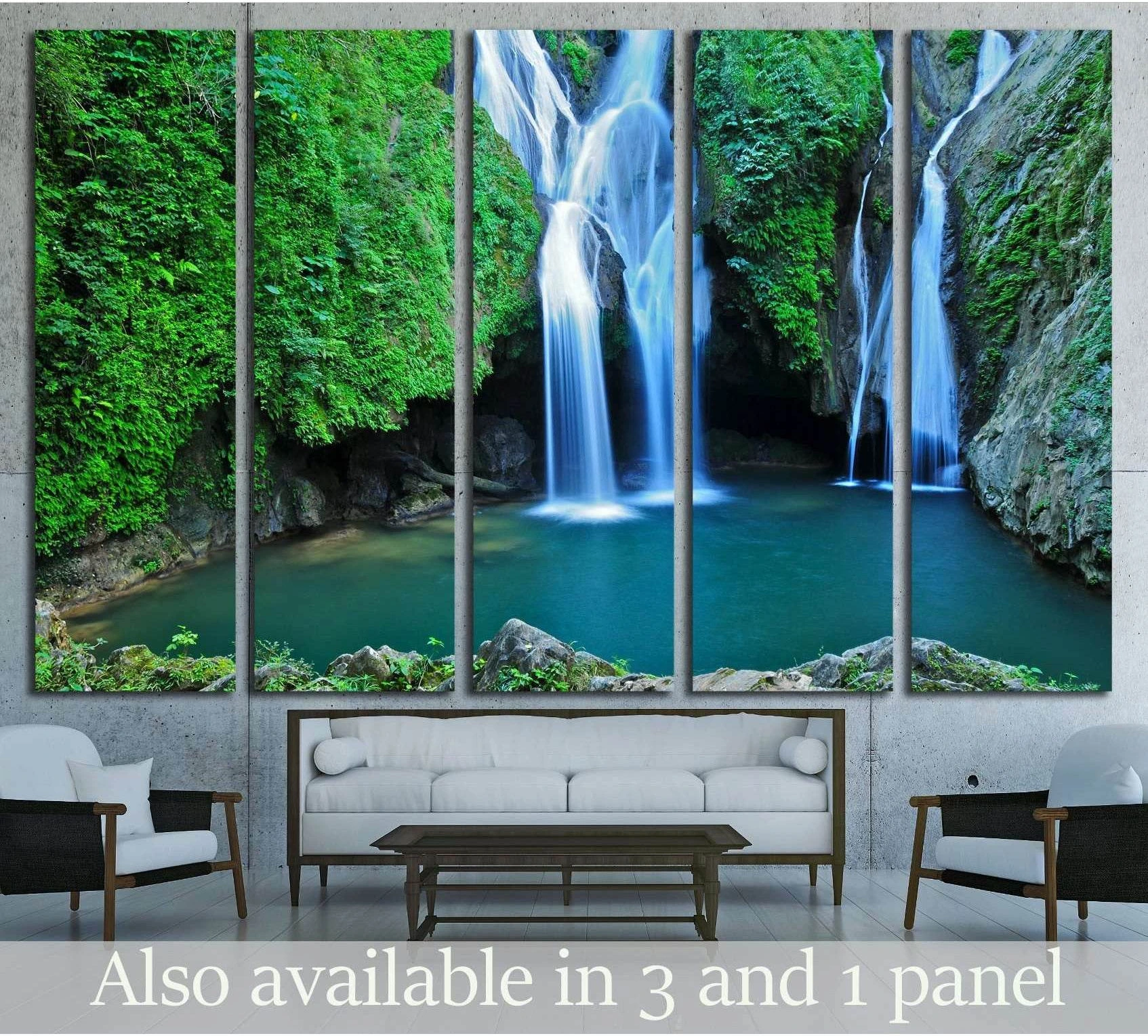 Cuba waterfall canvas print with lush green cliffs and turquoise pool above a sofa