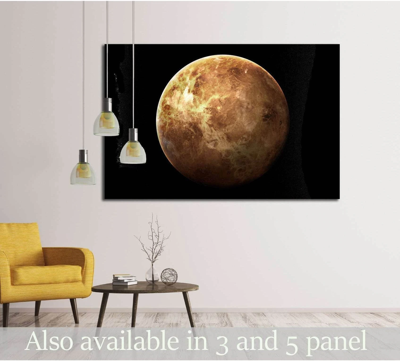 Venus planet canvas print in brown and gold tones above sofa in modern living room