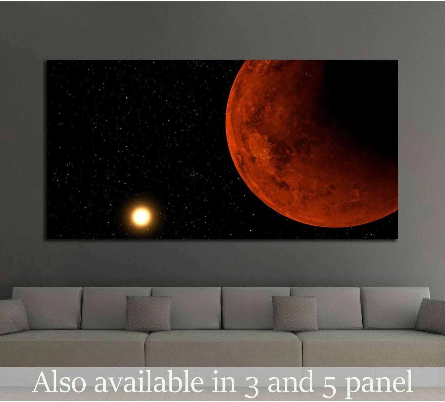 Red Venus planet canvas print with glowing sun and stars above sofa in a modern living room