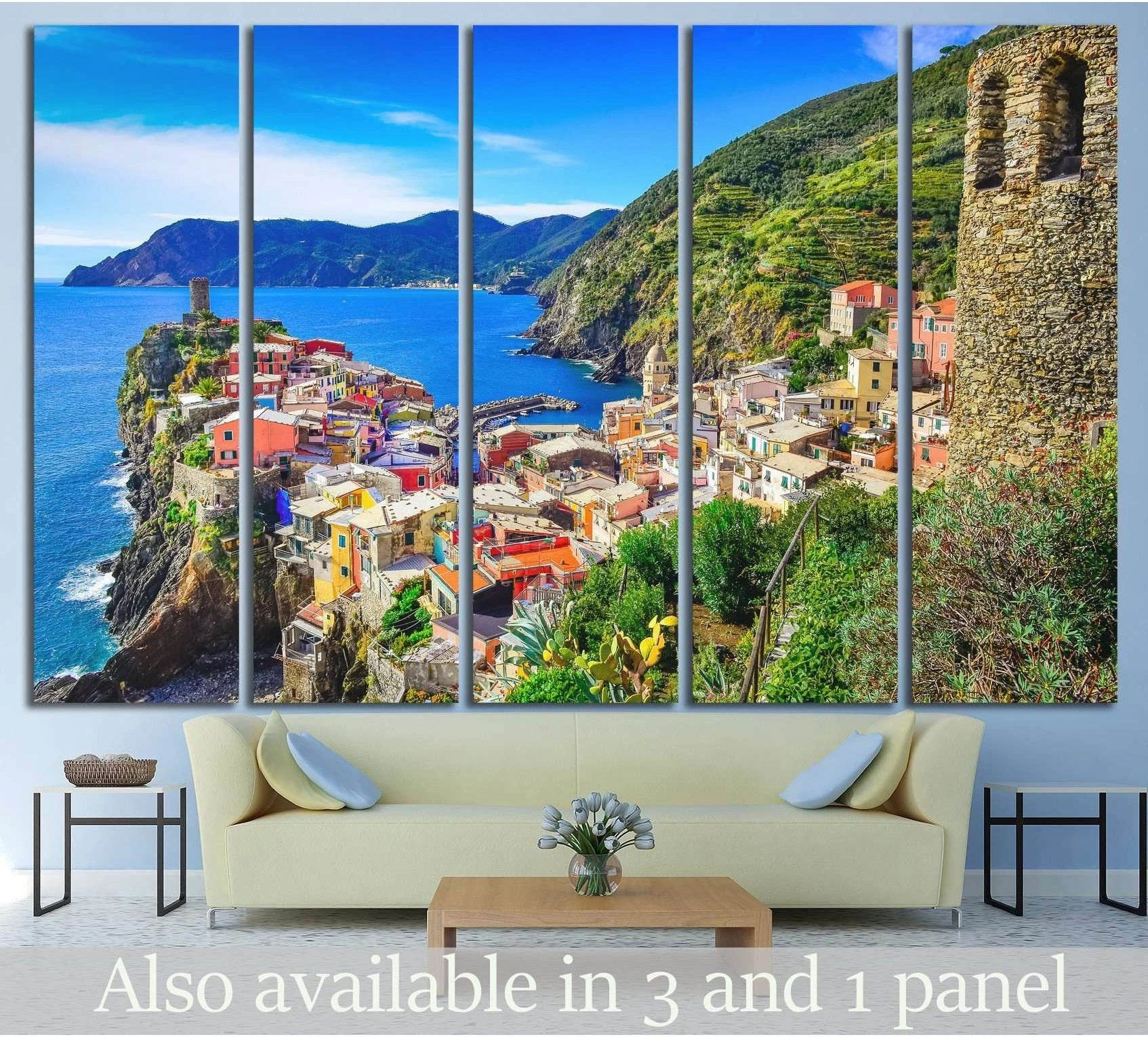 Vernazza Cinque Terre canvas print with colorful cliffside village and blue sea above sofa