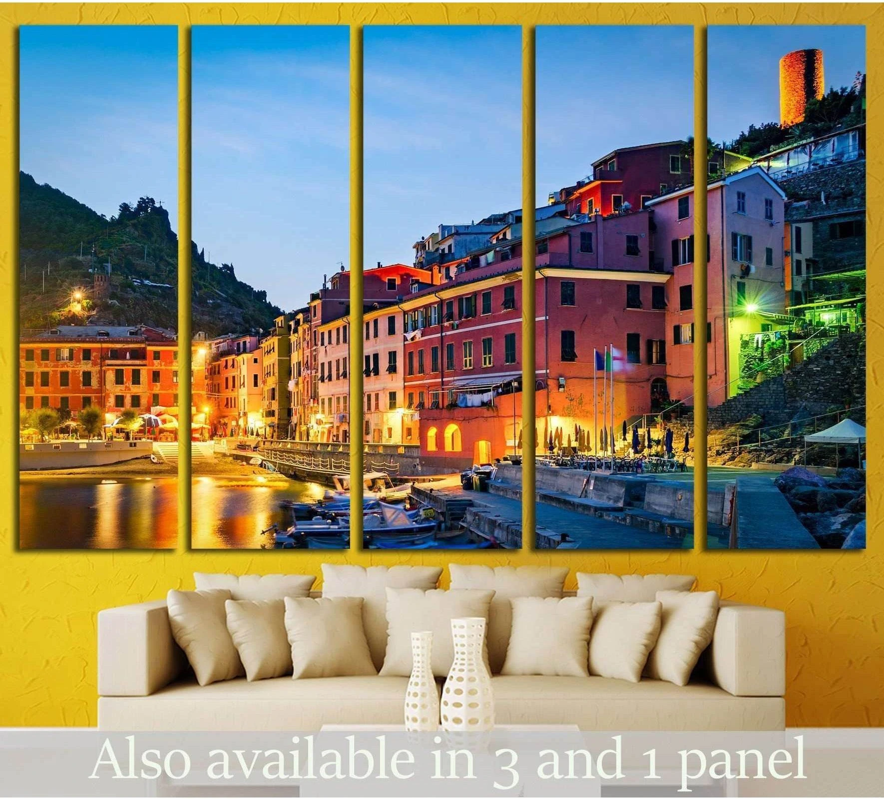 Vernazza Cinque Terre canvas print above sofa with twilight harbor and pastel hillside houses