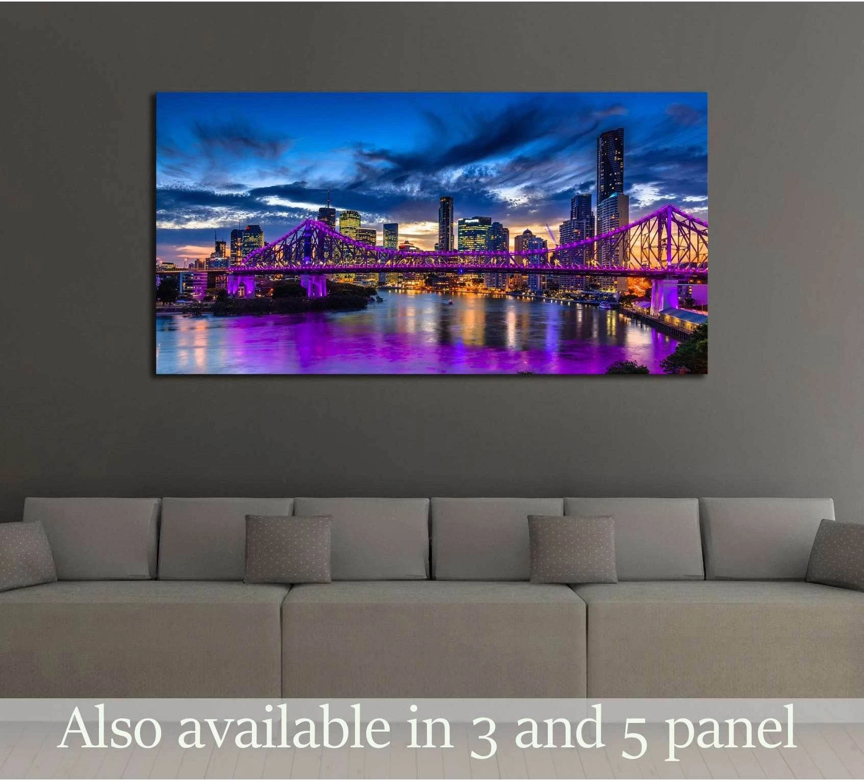 Brisbane Story Bridge canvas print with purple night lights above sofa in modern living room