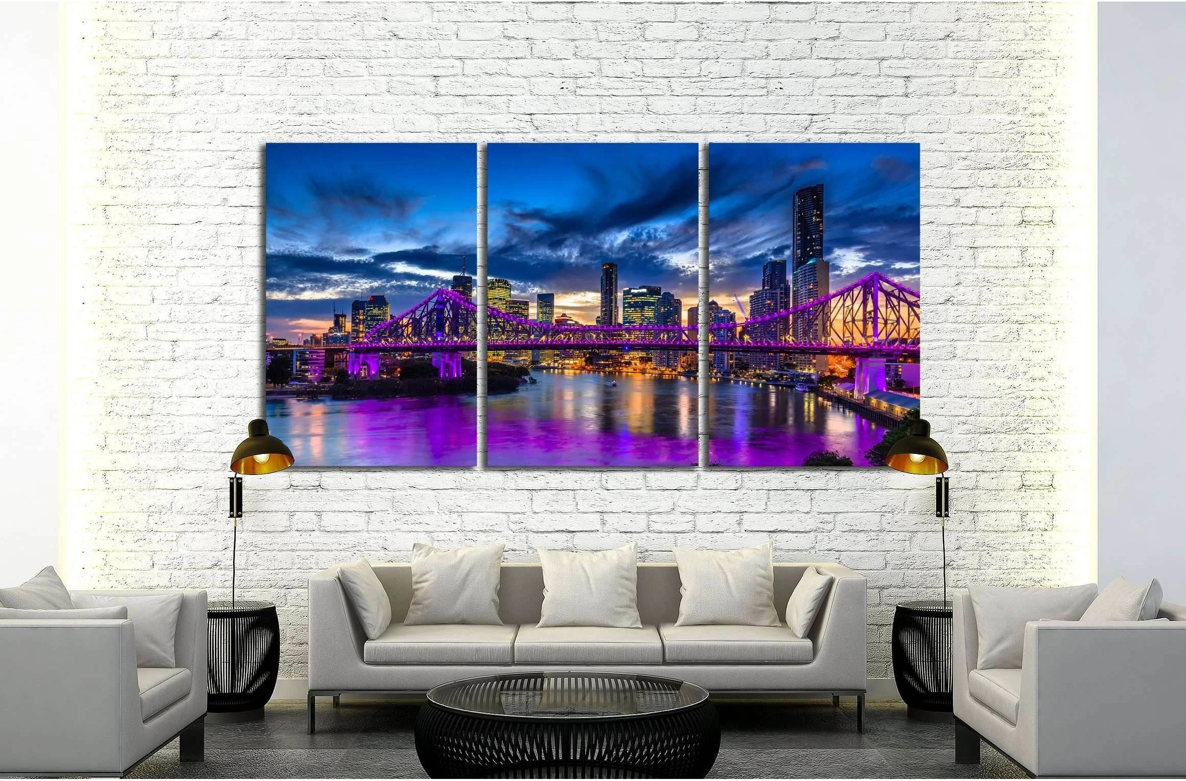 Vibrant night time panorama of Brisbane city with purple lights on Story Bridge, Australia №2391 Ready to Hang Canvas Print - Zellart Canvas Prints ALL_Products, s-2391