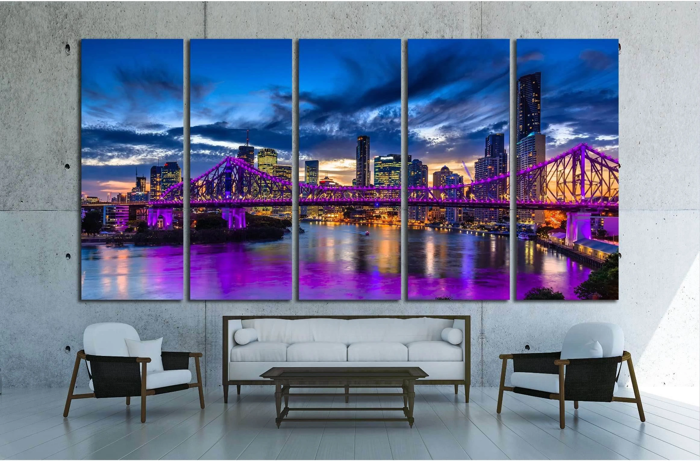 Vibrant night time panorama of Brisbane city with purple lights on Story Bridge, Australia №2391 Ready to Hang Canvas Print - Zellart Canvas Prints ALL_Products, s-2391