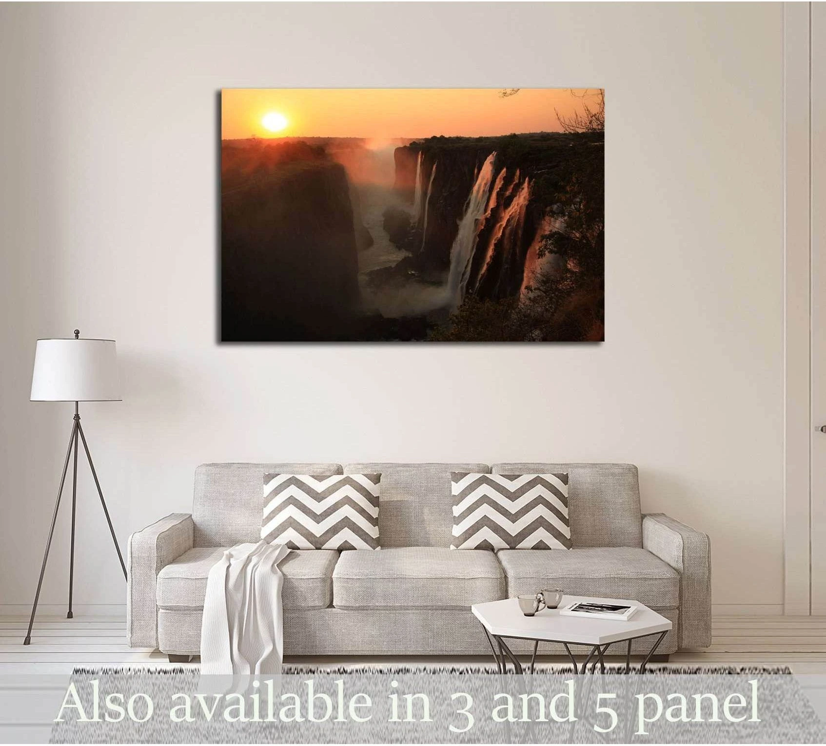 Victoria Falls Eastern Cataract canvas print at sunset above sofa in modern living room