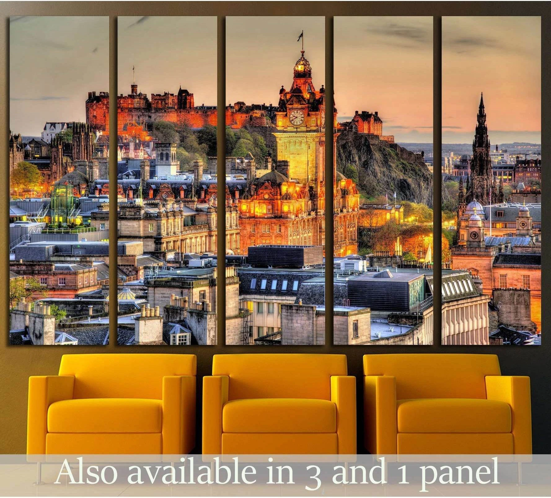 Edinburgh Castle sunset skyline canvas print in five-panel wall art above chairs